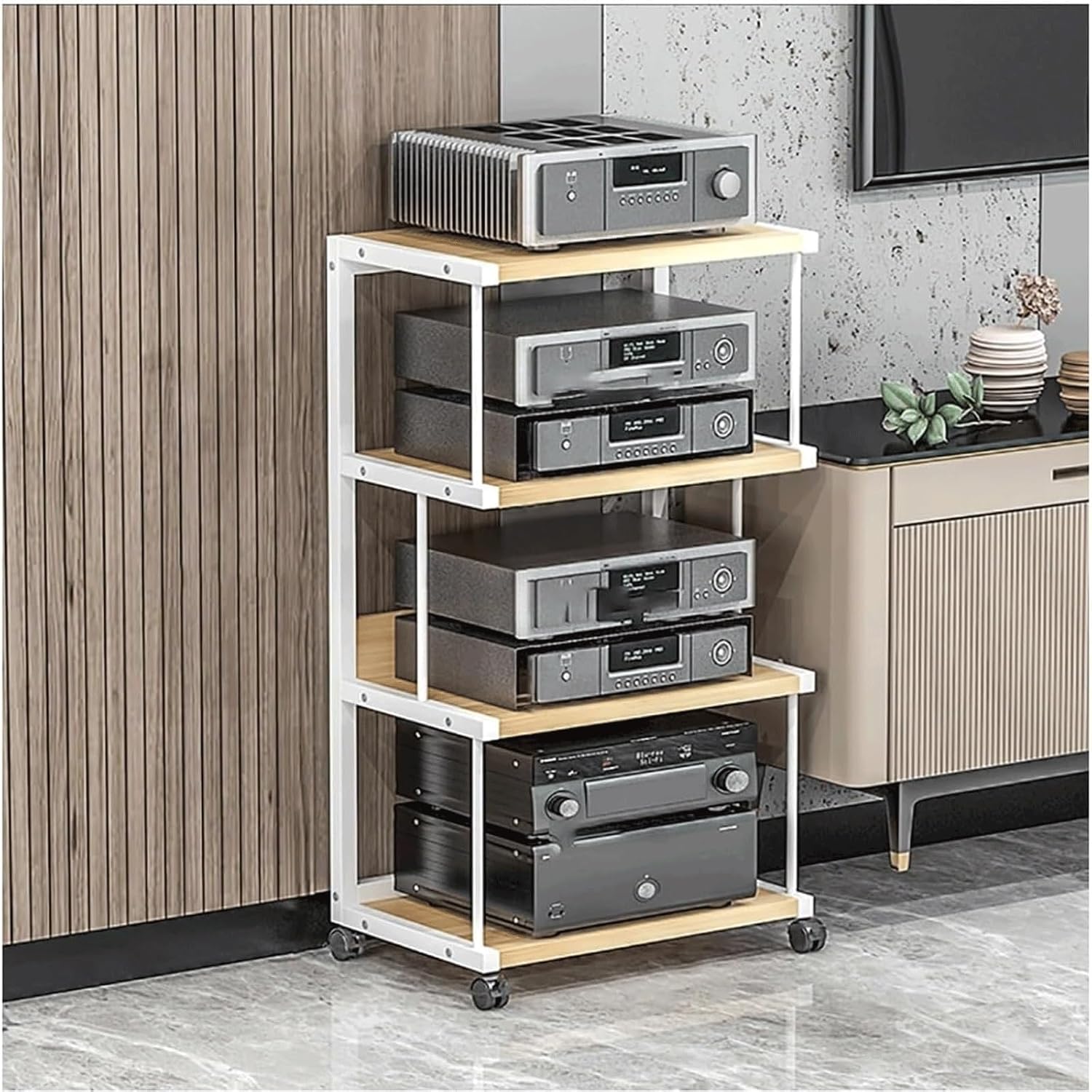 Audio Rack 3/4 Tier Stereo Rack Audio Equipment Rack Audio Stereo Shelf Wooden Open Movable Audio-Video Shelving with Wheels AV Stand(Wei�,100cm)