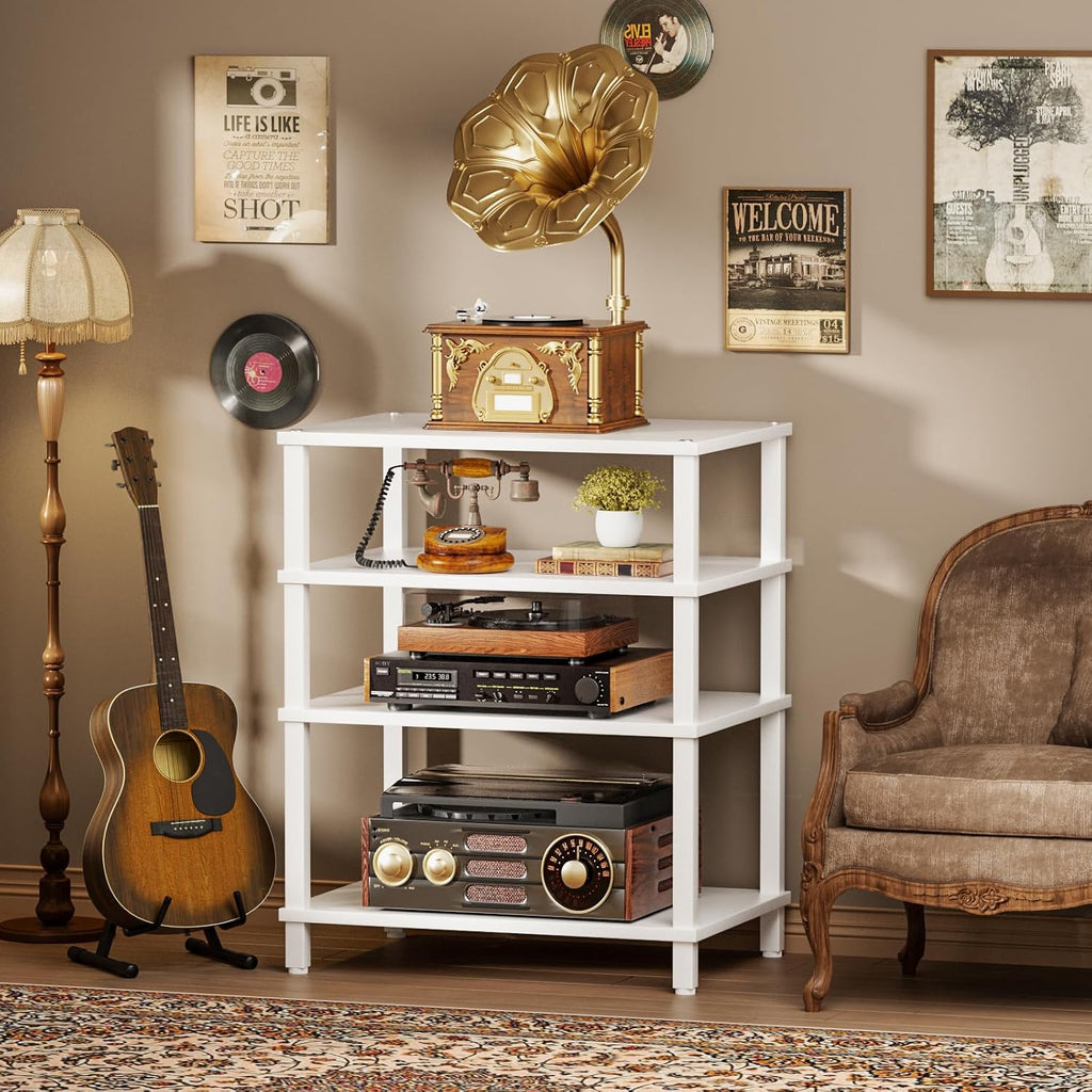 LELELINKY 4-Tier AV Media Player Stand Set of 2, White Stereo Cabinet, Wooden TV Stand,Game Console Shelf, Multifunctional Entertainment Center, Suitable for Home, Conference Room, Game Studio
