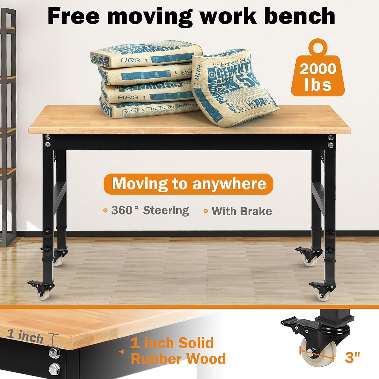 Betterhood 60' Adjustable Workbench on Wheels, Rubber Wood Heavy Duty Workstation with Power Outlets & Pegboard, 2000LBS Load Capacity Hardwood Worktable for Workshop, Garage, Office, Home, Commercial