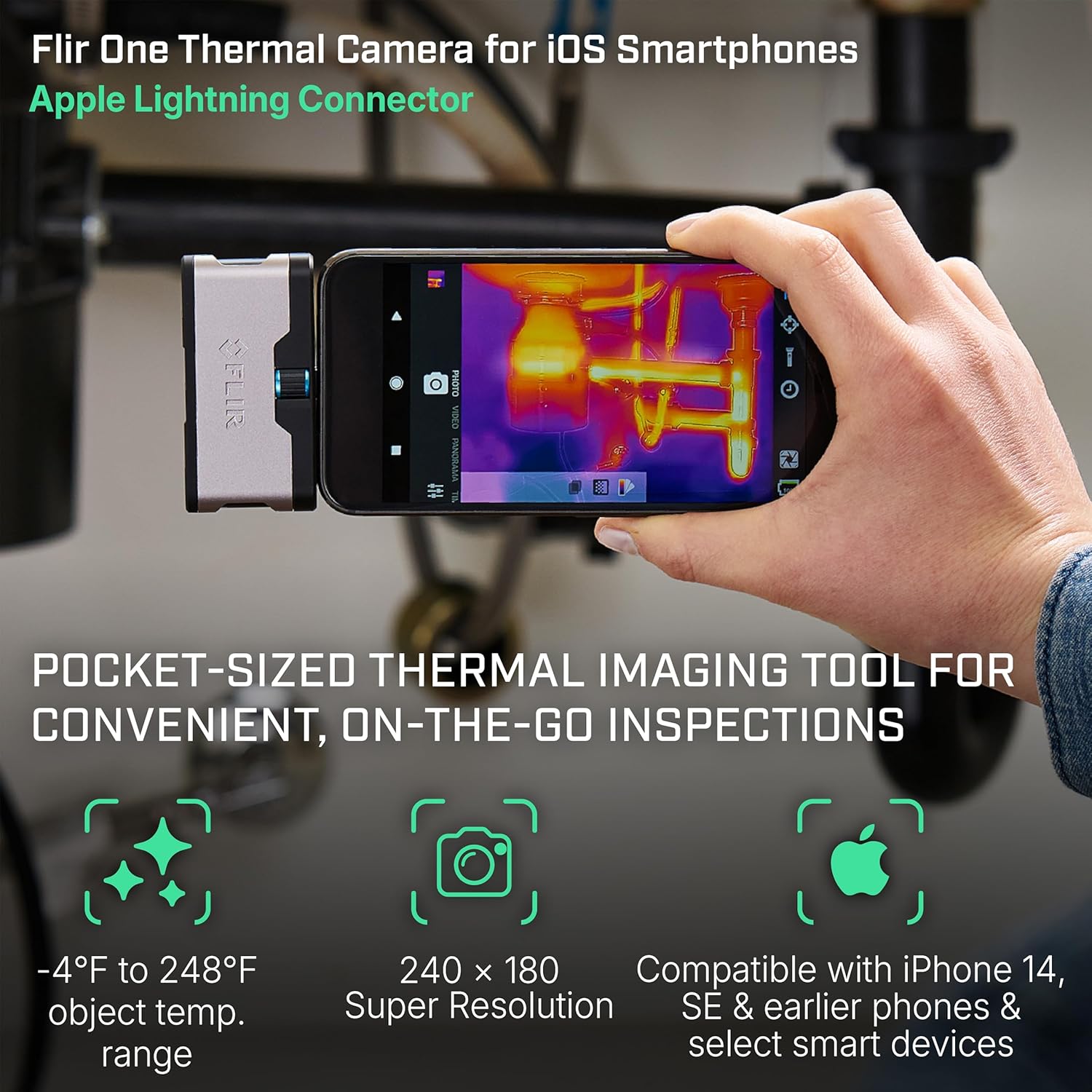 Flir One - Thermal Imaging Camera for iOS Smartphones (iPhone 14 and Older w/Lightning Port), 240x180 Super Resolution (80x60 Native IR)