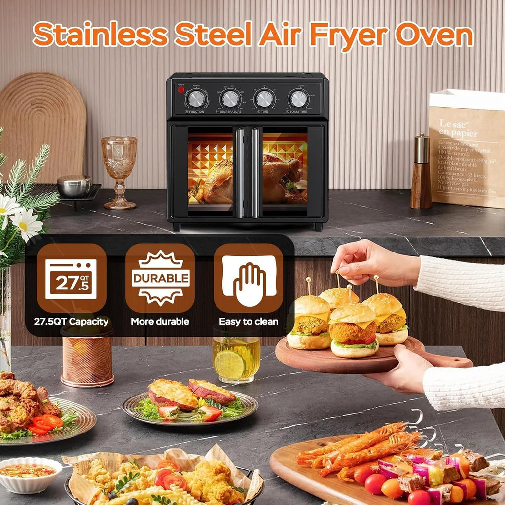 PlumChef 27.5 Quart Extra Large 6 Slices Air Fryer Convection Toaster Oven, French Door, 1700W, Multifunction Oven for Air Fryer, Toast, Grill, Defrost, Bake (Black)