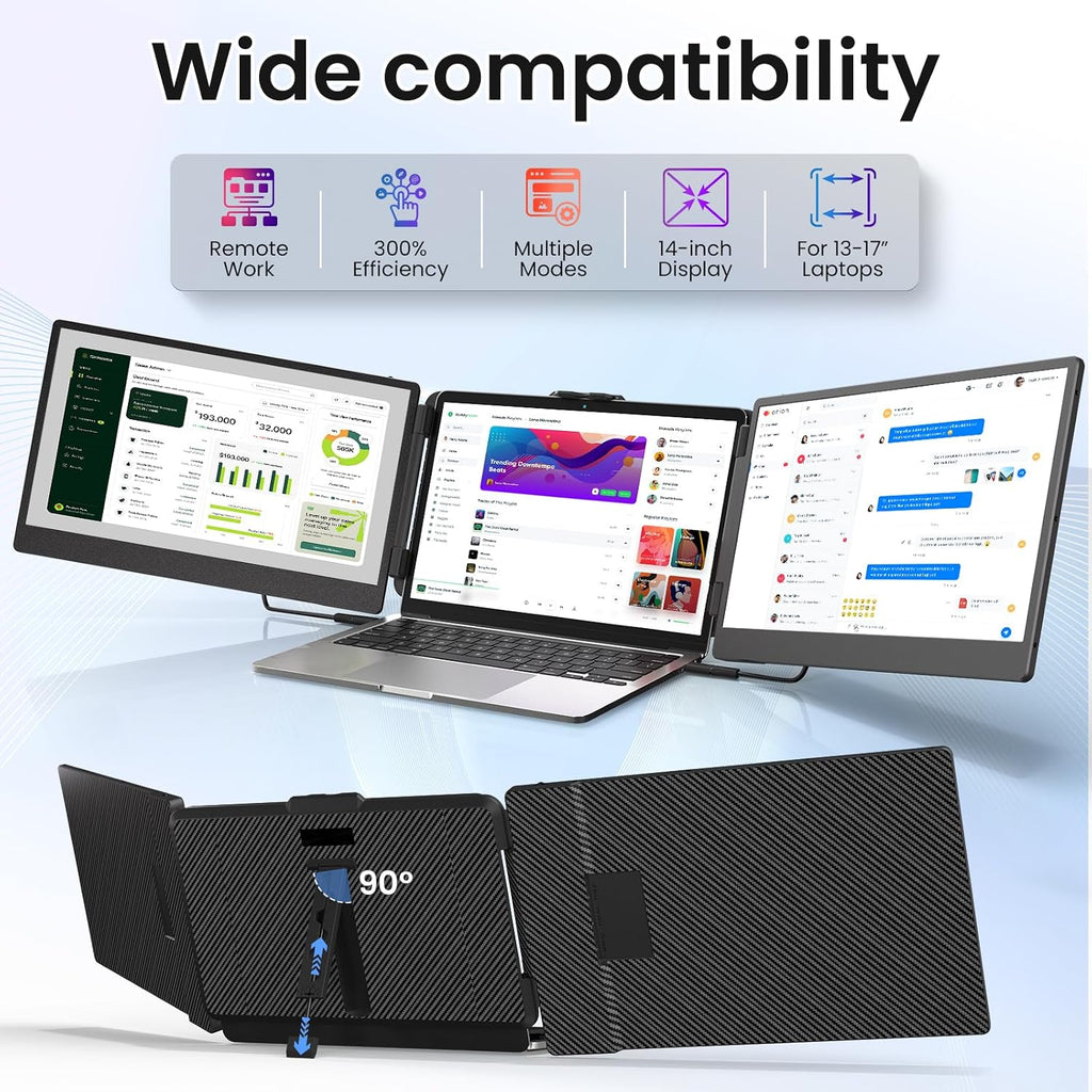 BOSII Laptop Screen Extender Monitor - 14 Inch Triple IPS FHD 1080P HDMI/USB-A/Type-C Extended Portable Monitor for Laptops (Maximum Length: 15.74') Compatible with Windows Mac Travel Work