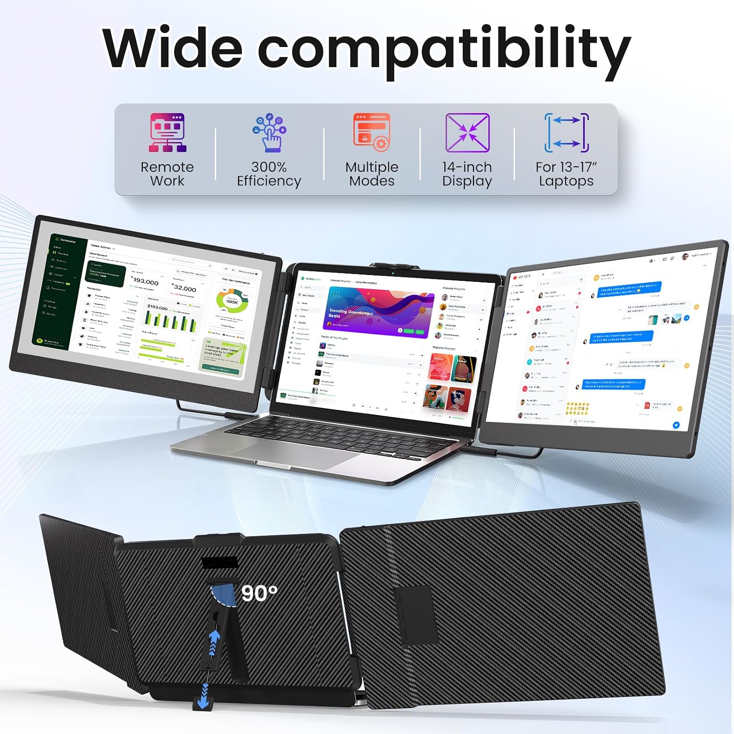 BOSII Laptop Screen Extender Monitor - 14 Inch Triple IPS FHD 1080P HDMI/USB-A/Type-C Extended Portable Monitor for Laptops (Maximum Length: 15.74') Compatible with Windows Mac Travel Work
