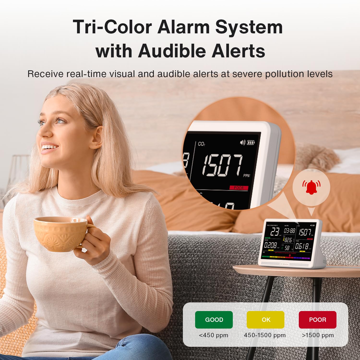 Upgrade Extended 12-Hour Battery Life 16 in 1 Air Quality Monitor Indoor with 7' Display, Professional Air Quality Meter for CO2, TVOC, PM2.5, PM1.0, PM10, HCHO, Temperature, Humidity, AQI & Time