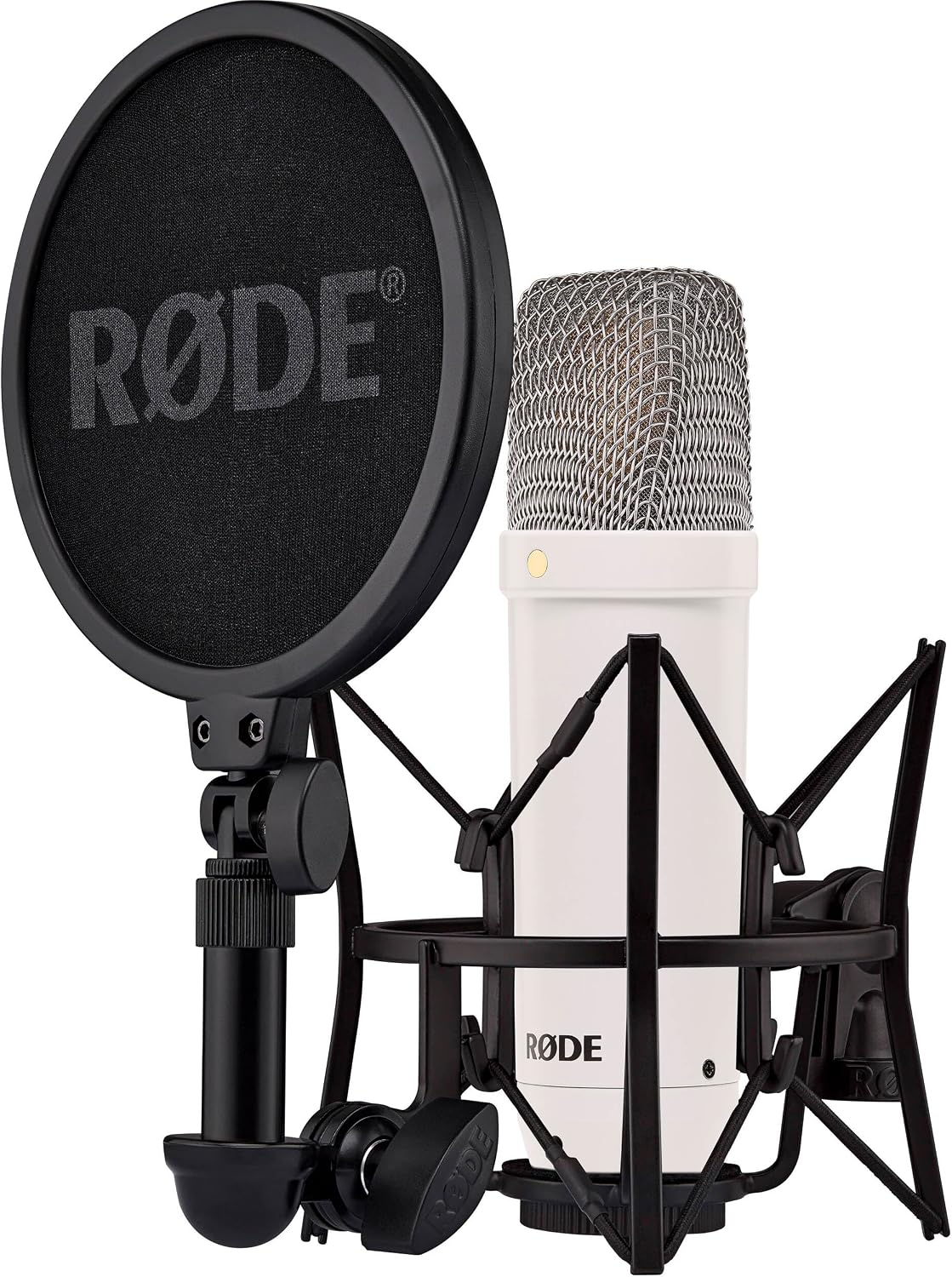 Rode NT1 Signature White Condenser Microphone Streaming Bundle with Focusrite Scarlett Solo 4G Interface, Rode PSA1+ White Desktop Boom Arm, and Cans50 Headphones — 4 dBA Self-Noise, Air Mode