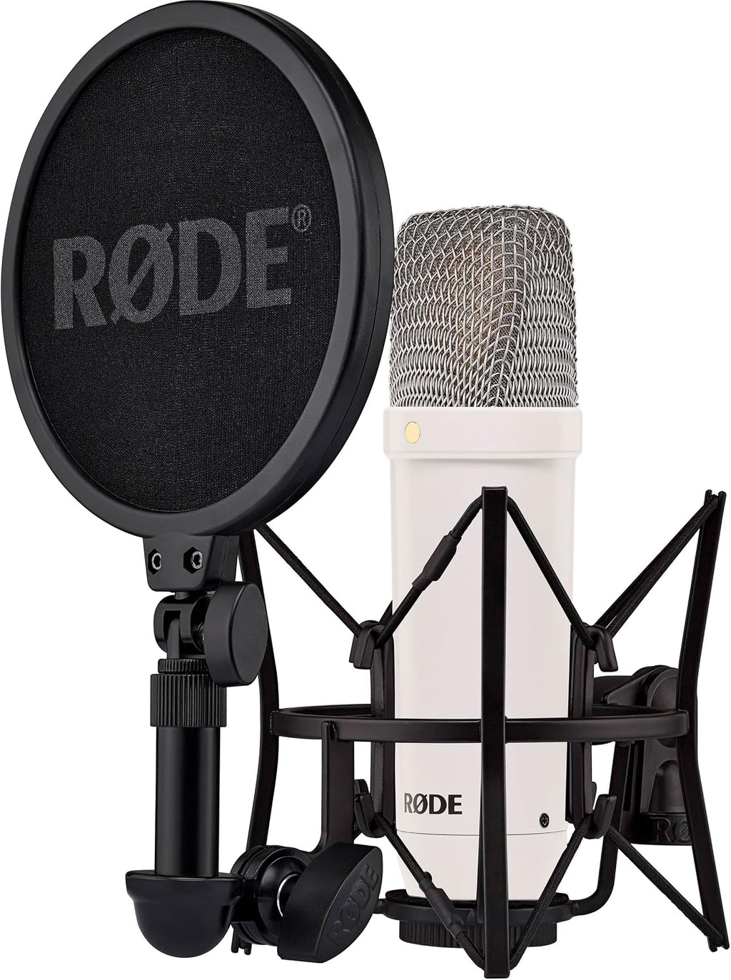 Rode NT1 Signature Series Condenser Microphone (White) with Scarlett 2i2 4th Gen USB Audio Interface, White PSA1+ Broadcast Microphone Boom Arm and Cans50 Monitoring Headphones
