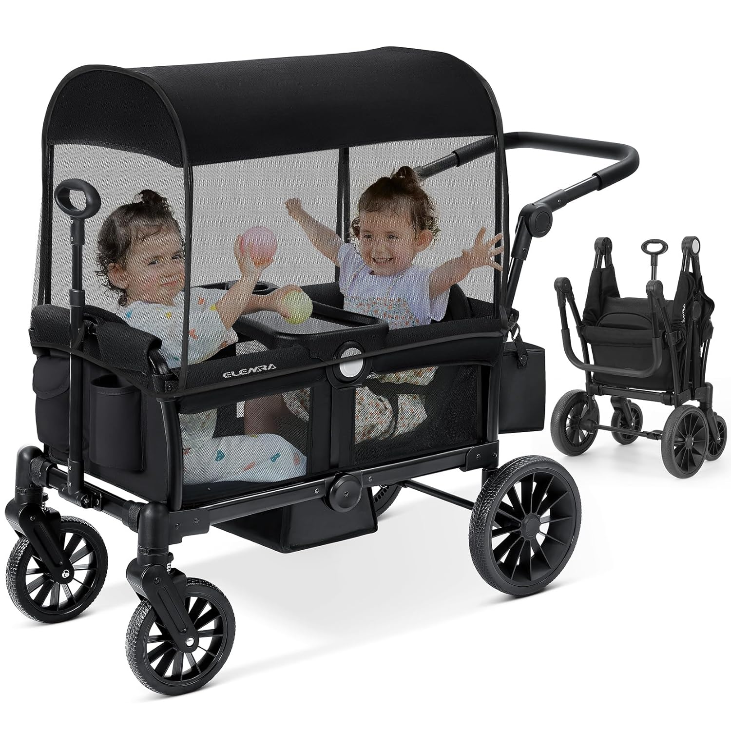 ELEMARA Foldable Wagon Stroller, Stroller Wagon for 2 Kids, Premium All Terrain Wagon for Kids with Removable Canopy, Adjustable Push/Pull Handle, Harnesses, Large Storage Bag, Black