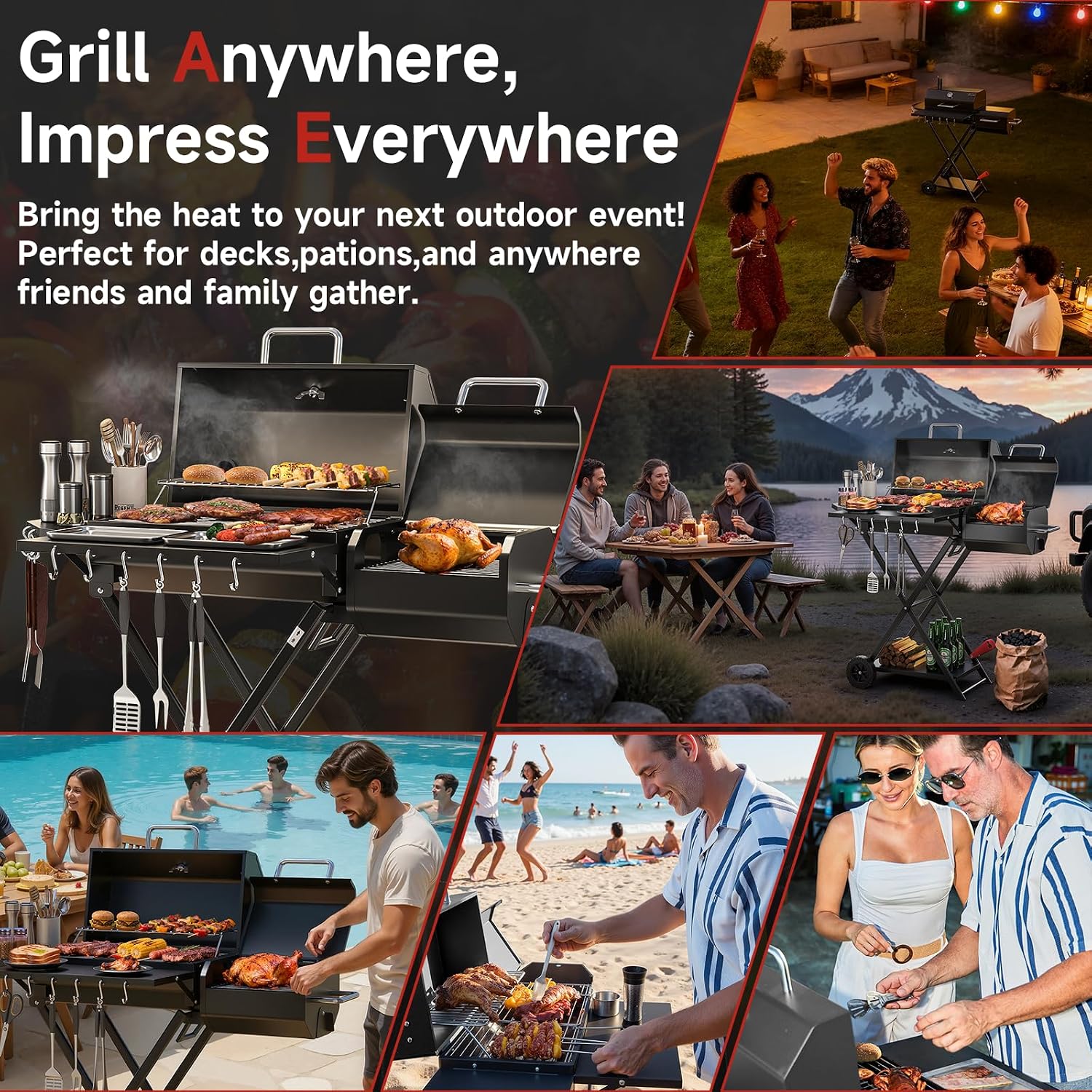 Portable Charcoal Grill with Smoking Function, Foldable Suitcase Design with Wheels, Multi-Tier Storage Rack & Waterproof Cover for Outdoor BBQ Parties (Black)