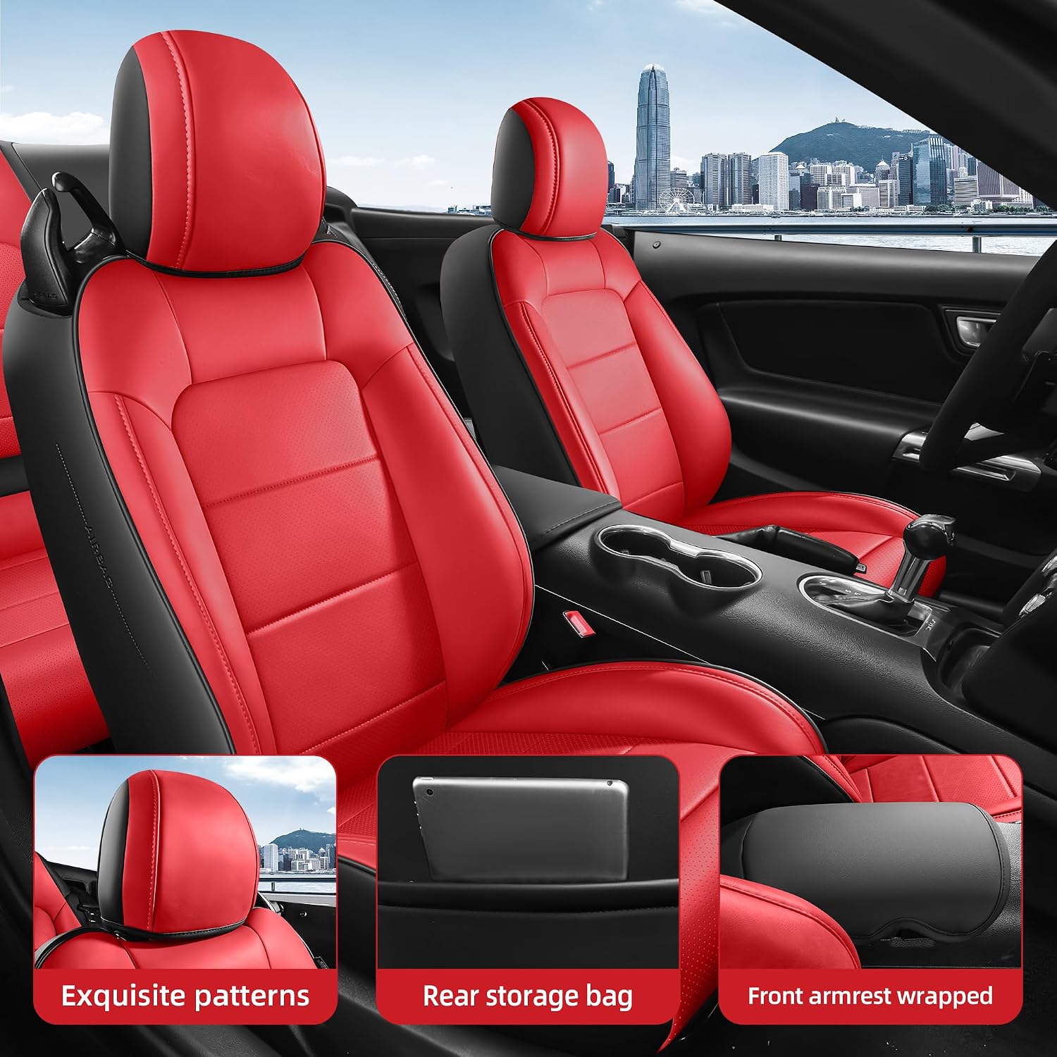 Custom Fit Ford Mustang Convertible Seat Cover 2015 2016 2017 2018 2019 2020 2021 2022 2023 2024 2025 2026, Faux Leather Car Seat Cover Full Set (Convertible-Red+Balck)