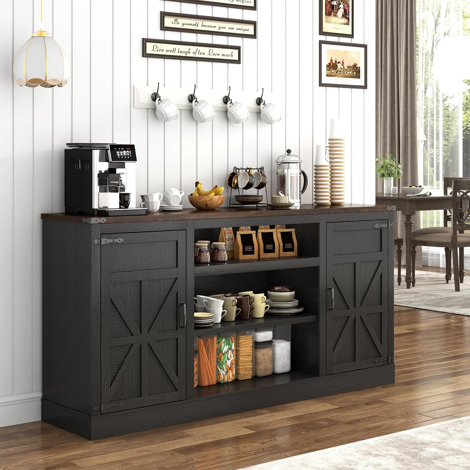 Hlivelood 66' Farmhouse TV Stand with Power Outlets for 75 Inch TVs, 33' Tall Entertainment Center with Storage Cabinets w/Adjustable Shelves, Rustic Large TV Media Console for Living Room, Black