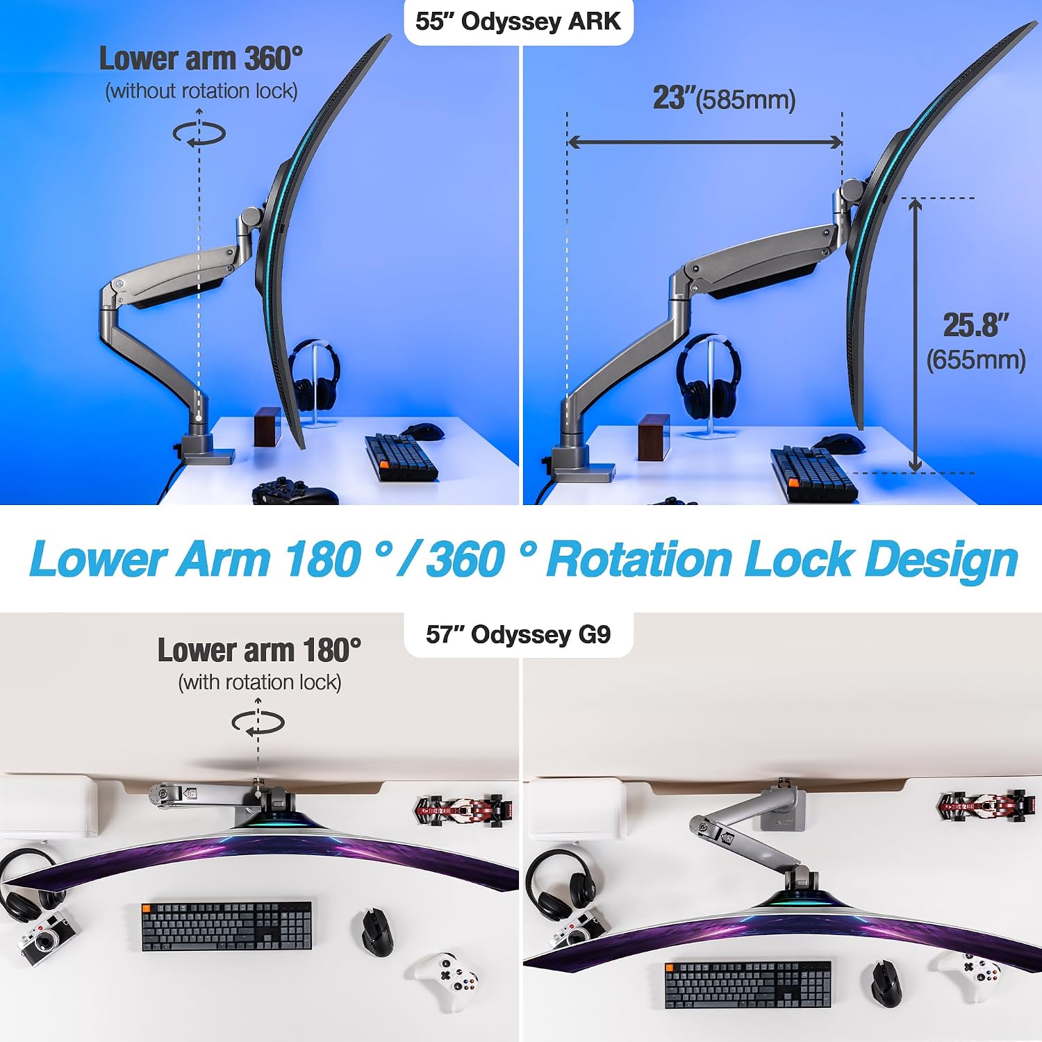 AVLT Single 17'-57' Super Ultrawide Monitor Arm for Screens Up to 59.5 lbs, Premium Aluminum Desk Stand, Adjustable Pneumatic Height, Full Motion Swivel Tilt Rotation, USB-C&A Ports, Gray