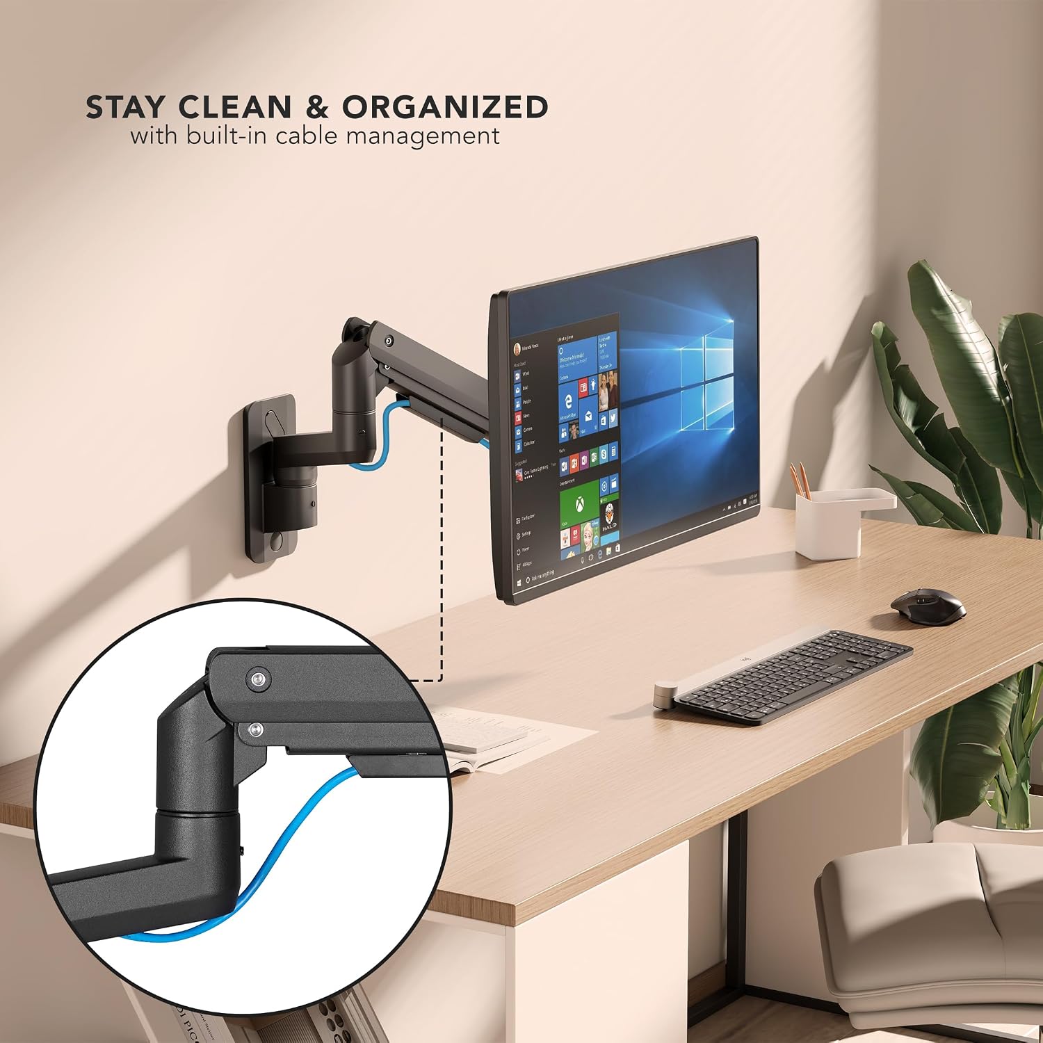Mount‑It! Heavy‑Duty Wall Mount Arm for 49″ Curved & Ultrawide Monitors, Gas‑Spring Full Motion, 23.5″ Reach, 44 lb Capacity, VESA 75/100, Single‑Stud Install