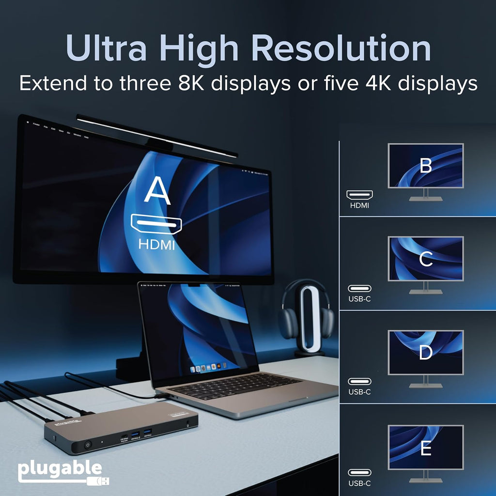 Plugable USB C Docking Station 5 Monitors, 140W DisplayLink Dock Connects up to Five 4K Displays for MacBook Windows Thunderbolt 4 Laptops, 2X HDMI, 3X USBC 2.5Gbps Ethernet, Driver Required DL7400
