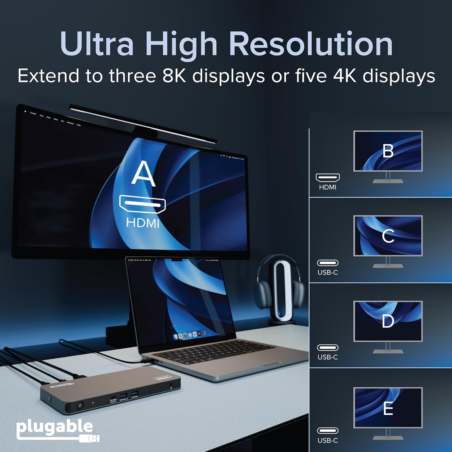 Plugable USB C Docking Station 5 Monitors, 140W DisplayLink Dock Connects up to Five 4K Displays for MacBook Windows Thunderbolt 4 Laptops, 2X HDMI, 3X USBC 2.5Gbps Ethernet, Driver Required DL7400
