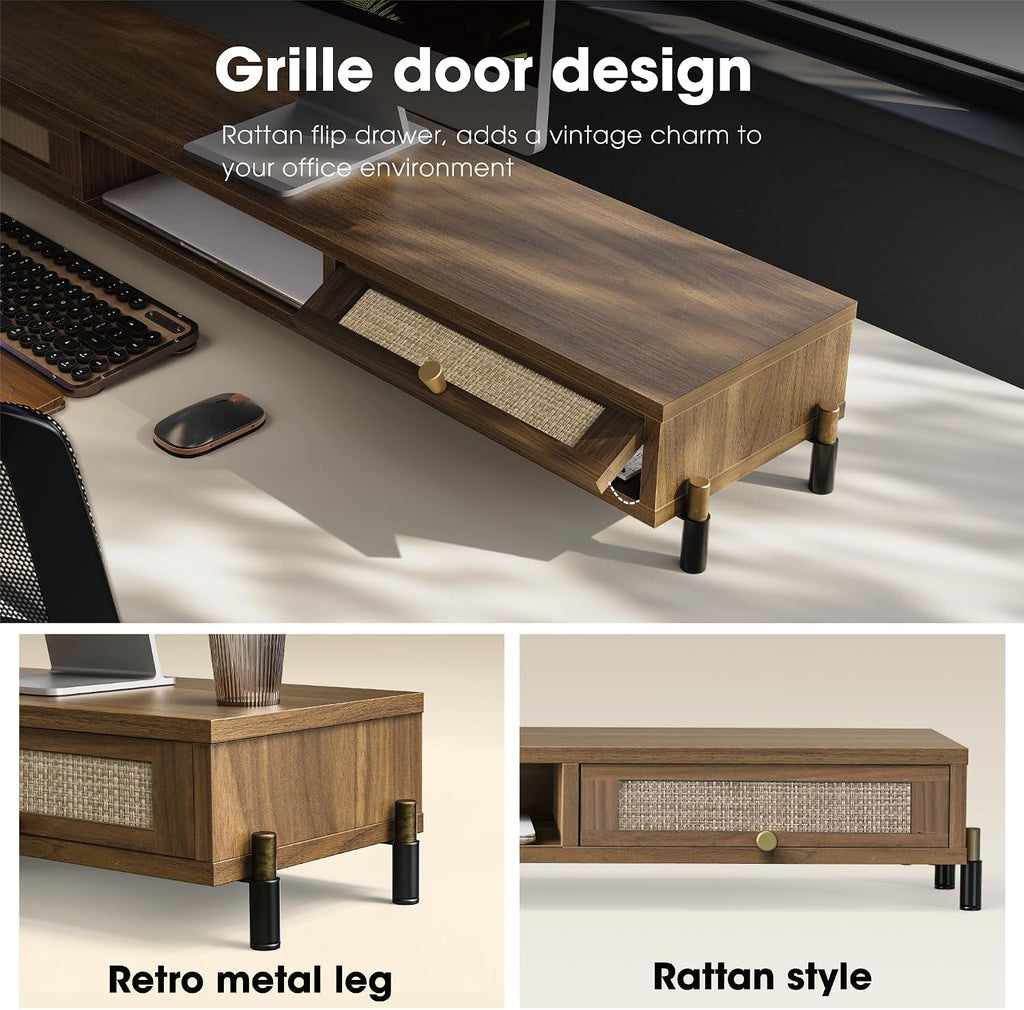Fenge Dual Monitor Stand for Desk - Long Wooden Riser With Rattan Woven Drawer, 2 Tier Desk Shelf for 2 Monitors, Vintage Computer Stand for Laptop, Printer, TV