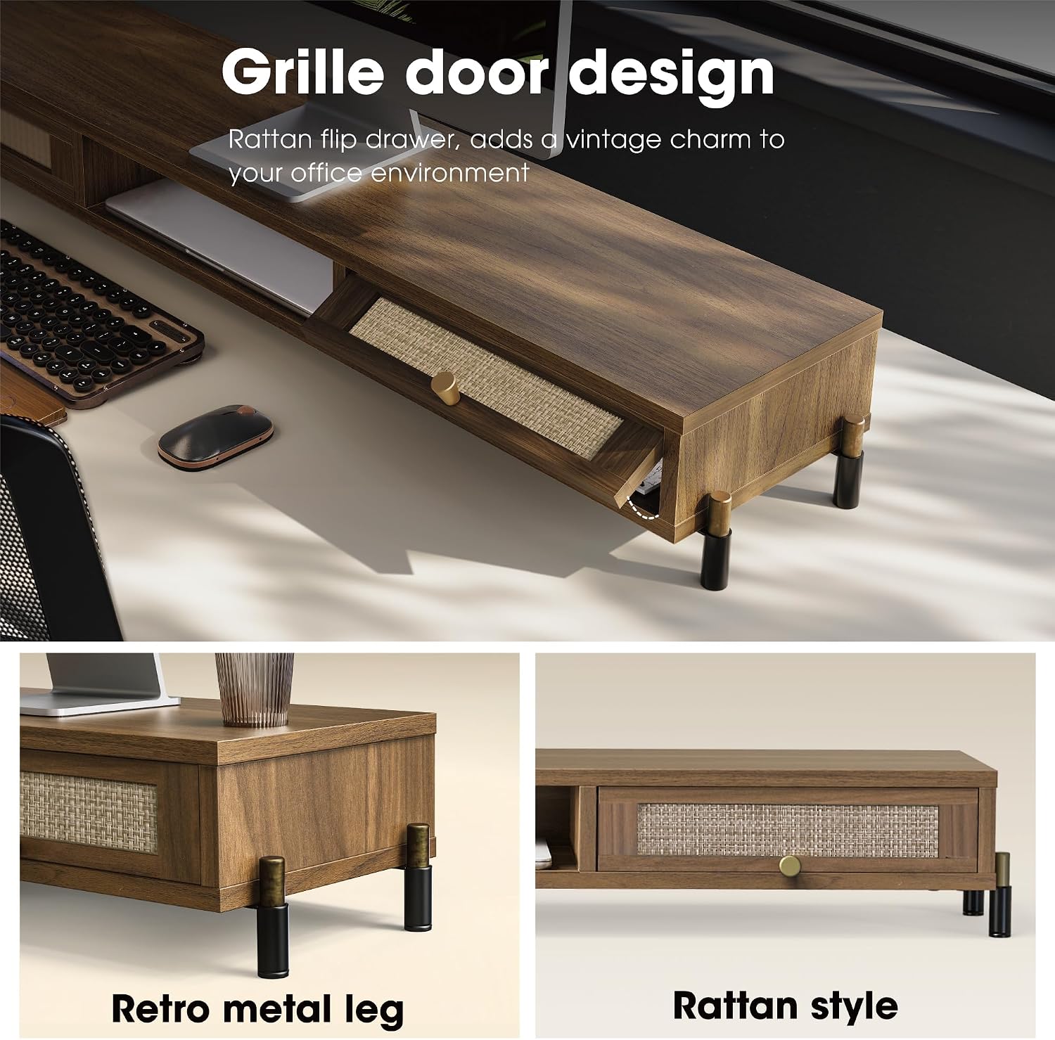 Fenge Dual Monitor Stand for Desk - Long Wooden Riser With Rattan Woven Drawer, 2 Tier Desk Shelf for 2 Monitors, Vintage Computer Stand for Laptop, Printer, TV