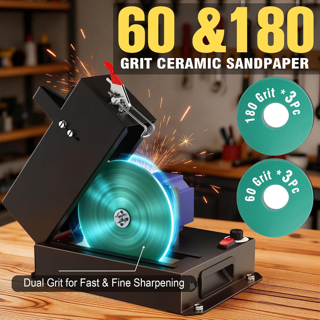 SporGain Lawn Mower Blade Sharpener, Brushless Motor 3000RPM Blade Grinder with Lifetime Motor Warranty, 7' Ceramic Wheel with 6 Sanding Discs for High Lift, Low Lift, Gator & Flat Blades(3pcs)