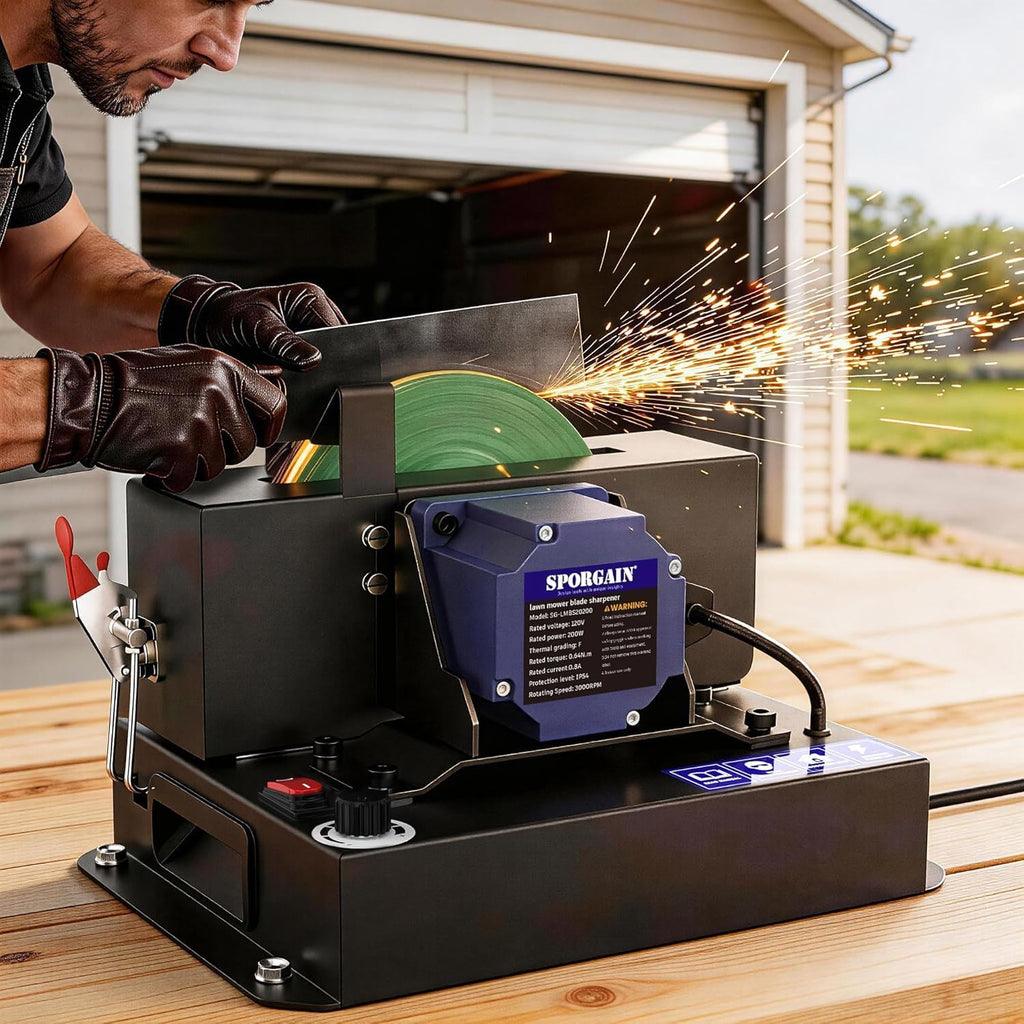 SporGain Lawn Mower Blade Sharpener, Brushless Motor 3000RPM Blade Grinder with Lifetime Motor Warranty, 7' Ceramic Wheel with 6 Sanding Discs for High Lift, Low Lift, Gator & Flat Blades(3pcs)
