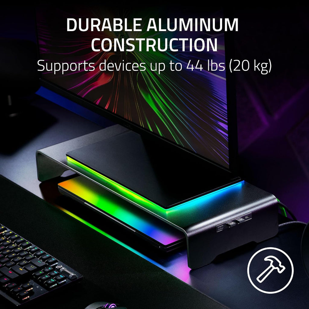 Razer Monitor Stand Chroma: 4 Port Hub - USB A 3.2, USB C 3.2, HDMI 2.0 - Ergonomic Height - Durable Aluminum Supports Up to 44 lbs - Organize Storage Shelf - Remappable RGB Buttons - Chroma RGB