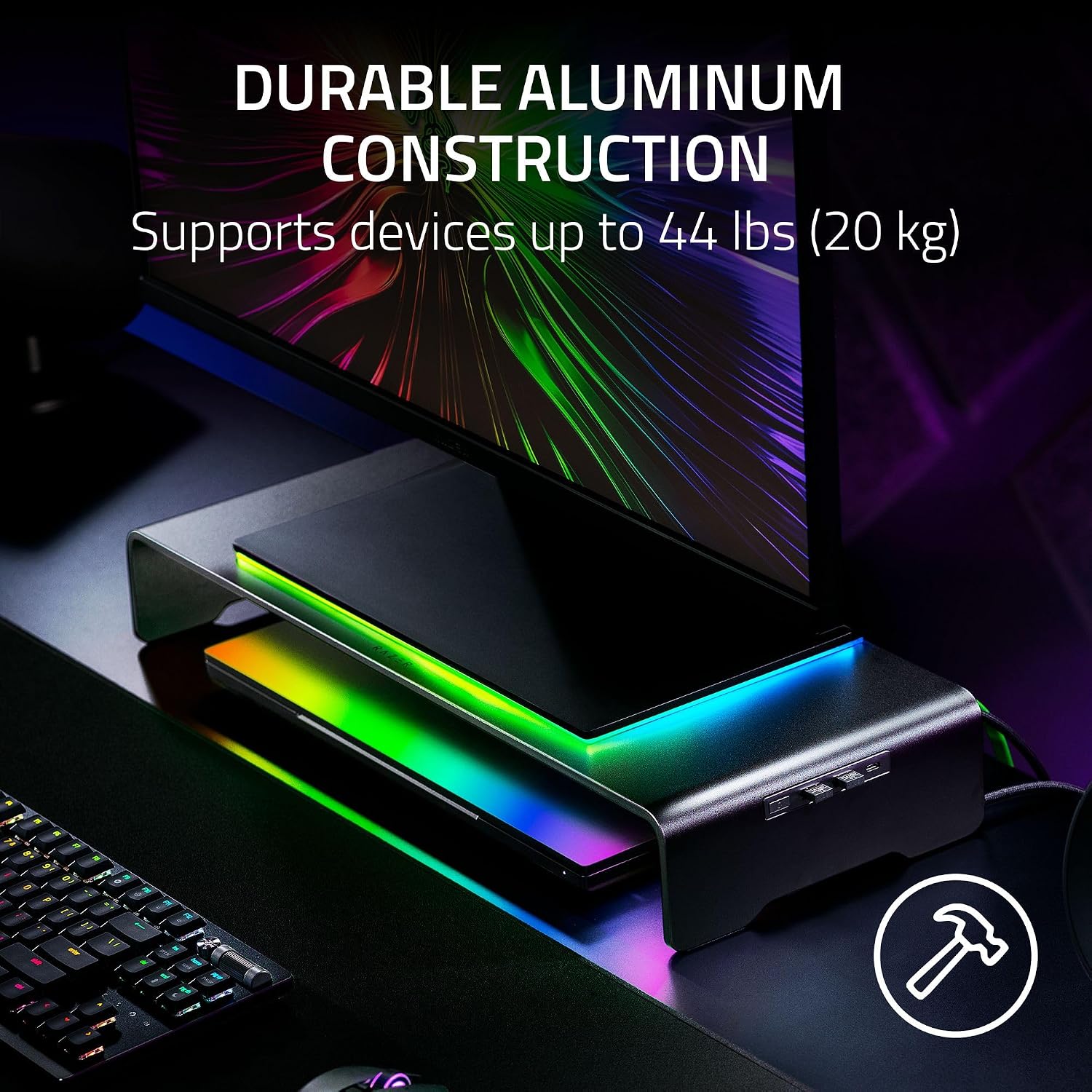 Razer Monitor Stand Chroma: 4 Port Hub - USB A 3.2, USB C 3.2, HDMI 2.0 - Ergonomic Height - Durable Aluminum Supports Up to 44 lbs - Organize Storage Shelf - Remappable RGB Buttons - Chroma RGB