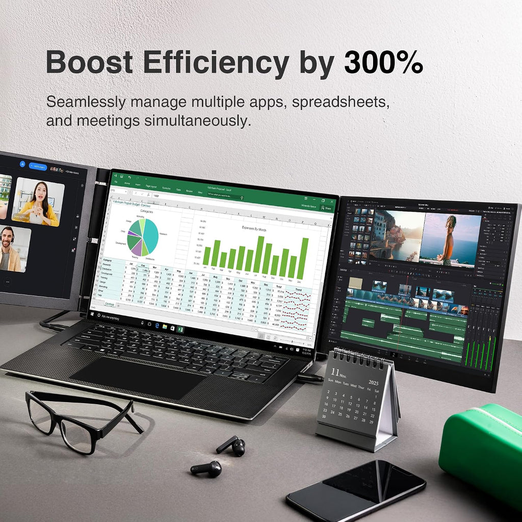 Trio 3 Pro 14.1' Mobile Pixels Portable Laptop Monitor(2026 Version), 1400p QHD Triple Monitor with Built-in Kickstand, One USB-C Cable Setup Laptop Screen Extender(Optional Magnets), Windows/macOS
