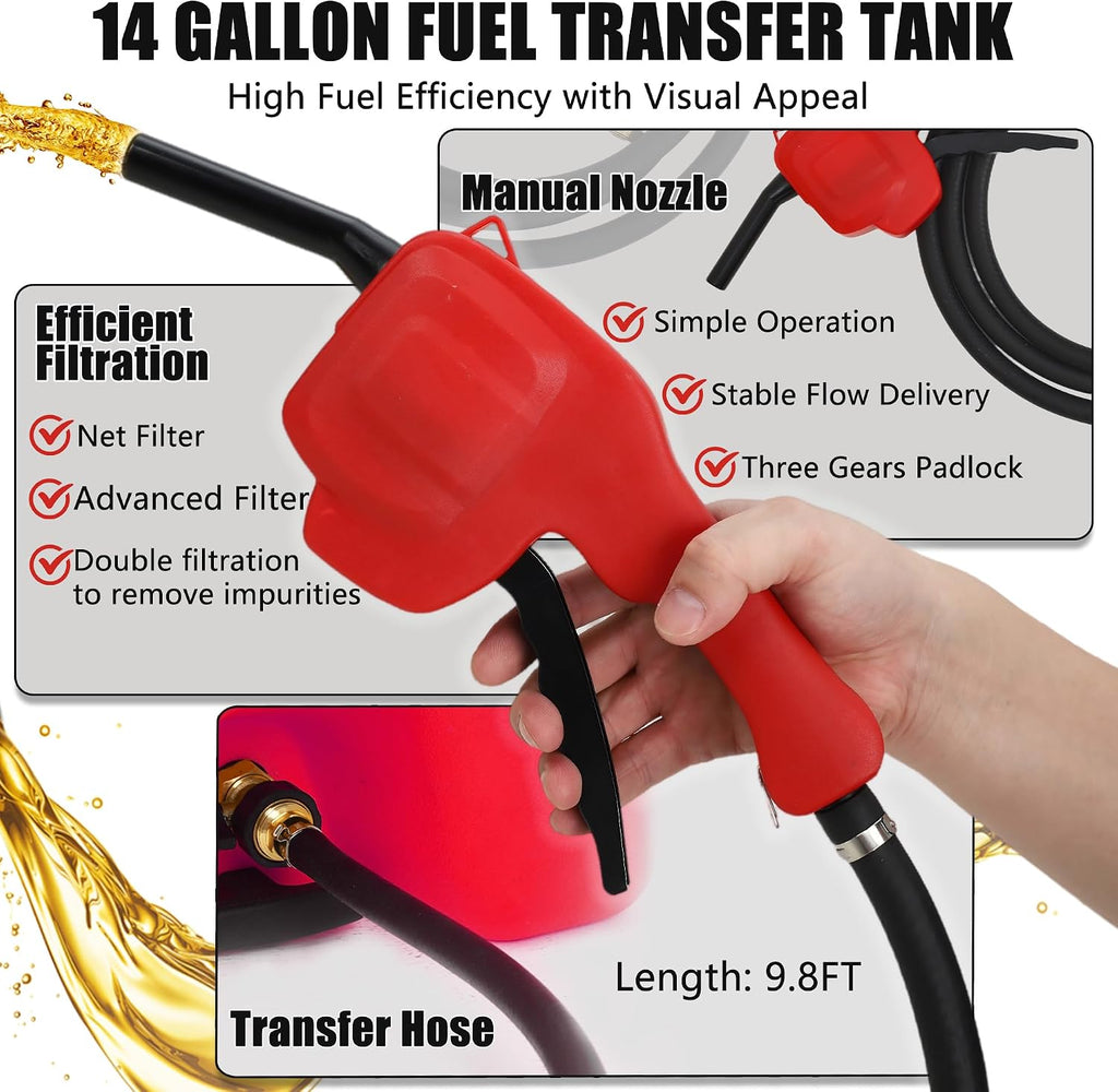 GAOMON Fuel Caddy, 14 Gallon Portable Gas Fuel Tank Container with LE Fluid Transfer Siphon Pump and 10ft. Delivery Hose, Diesel Storage Can On-Wheels for Cars, Lawn Mowers, ATVs, Boats - Red