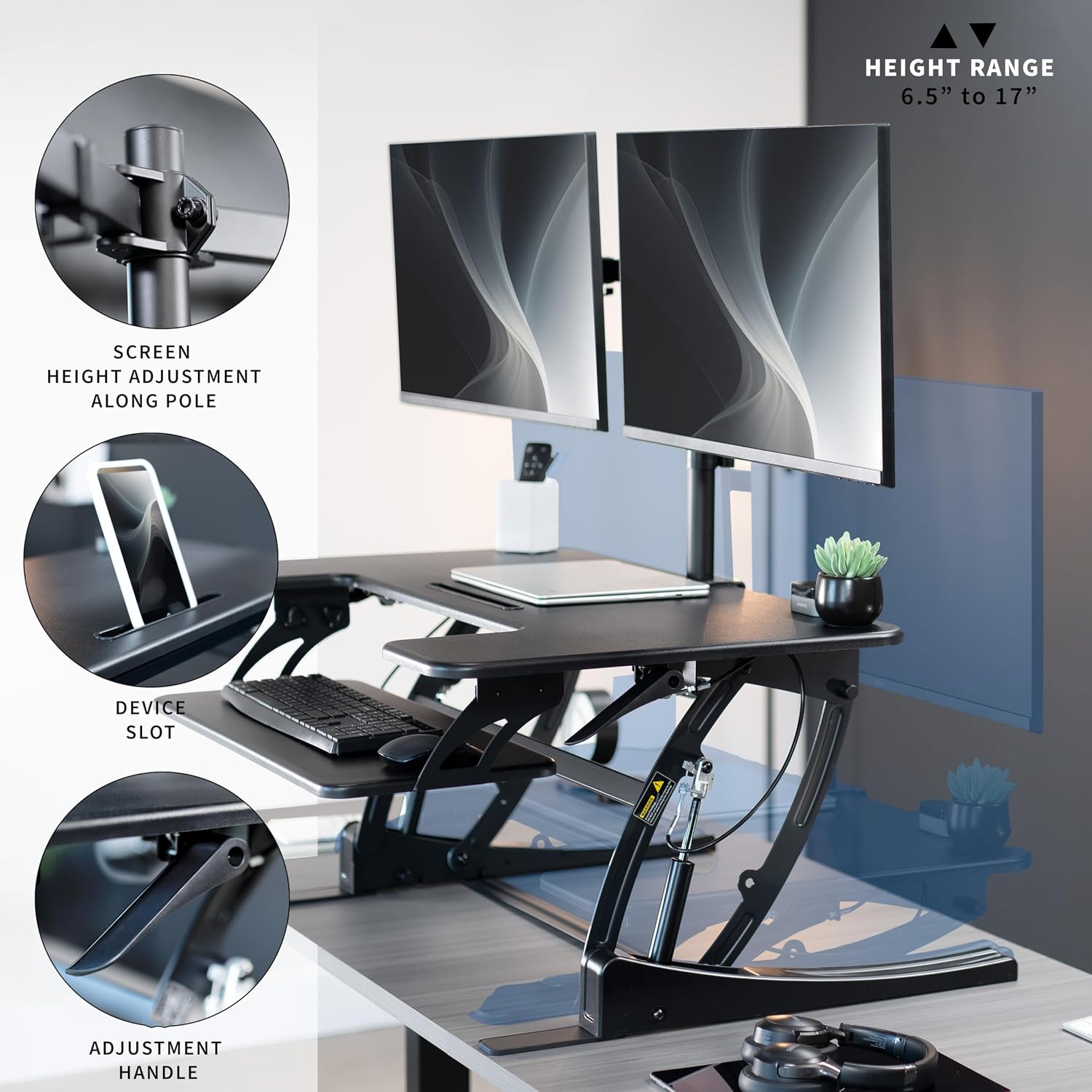 VIVO 36 inch Standing Desk Converter with Dual Monitor Mount Arms for up to 30 inch Screens, Height Adjustable Desk Riser, Black, DESK-KIT-0V02