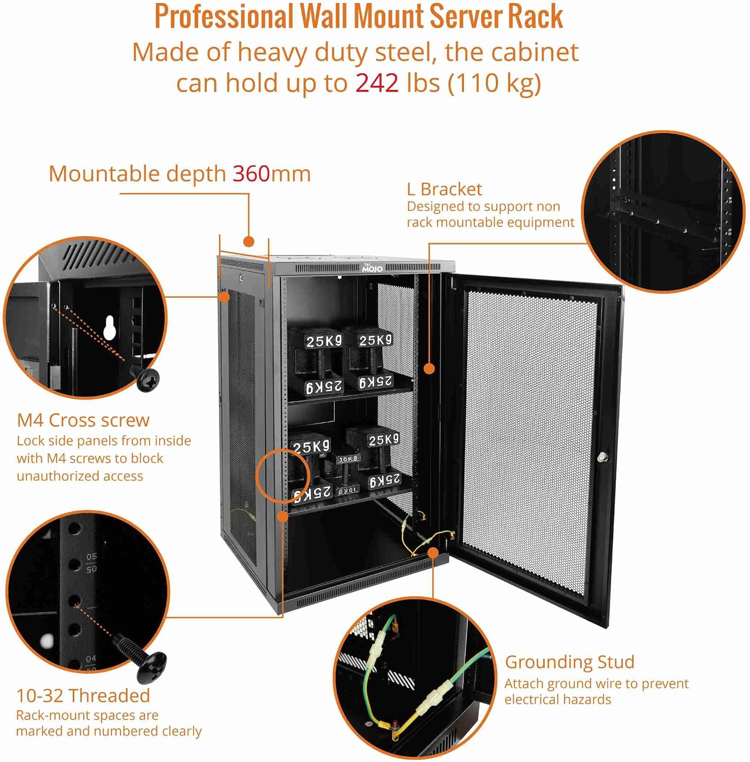 Tecmojo 22U Wall Mount Rack,22U Rack 23.6 Inch Depth,Hold Up to 176 Lbs,Enclosed Wall Mount Rack Kit for 19 Inch Network,Server and AV Gear,Mesh Door(Elite Collection)