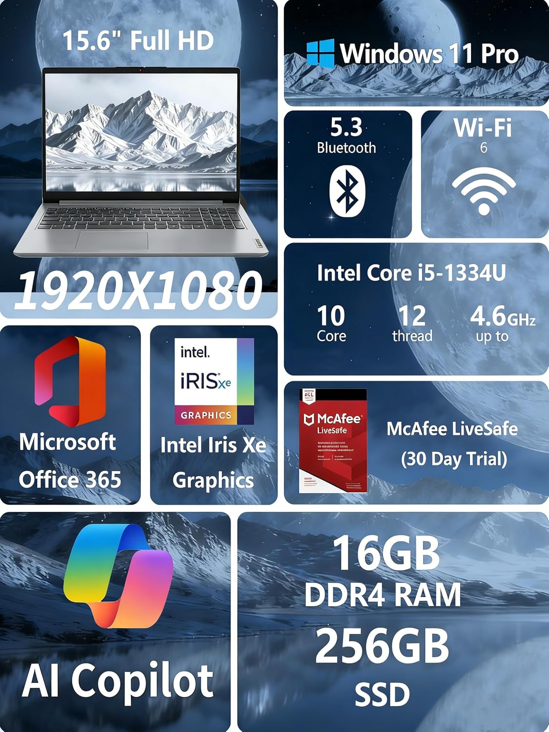 Lenovo IdeaPad 1i Laptop, Intel Core i5-1335U（10-core） Processor, Microsoft Office, 15.6'' FHD Display, 16GB RAM 256GB SSD, Copilot AI, Windows 11 Pro, Wi-Fi 6, HDMI, Alpacatec Accessories