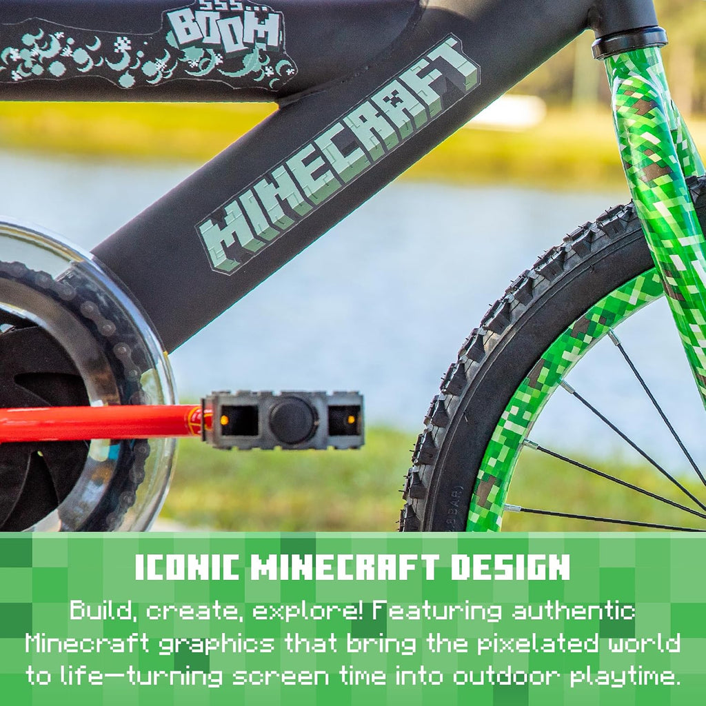 Minecraft 18-Inch Kids Bike - Unisex Bike with Creeper Graphics, Coaster Brake, Adjustable Seat, Removable Training Wheels, Ages 6-9, 42'-53' Tall