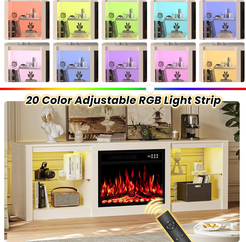EAG 70 Inche Fireplace TV Stand for TVs up to 80 Inches with 23' Electric Fireplace, Modern Entertainment Center with Glass Shelves, LED Lights, Media TV Console for Living Room, White