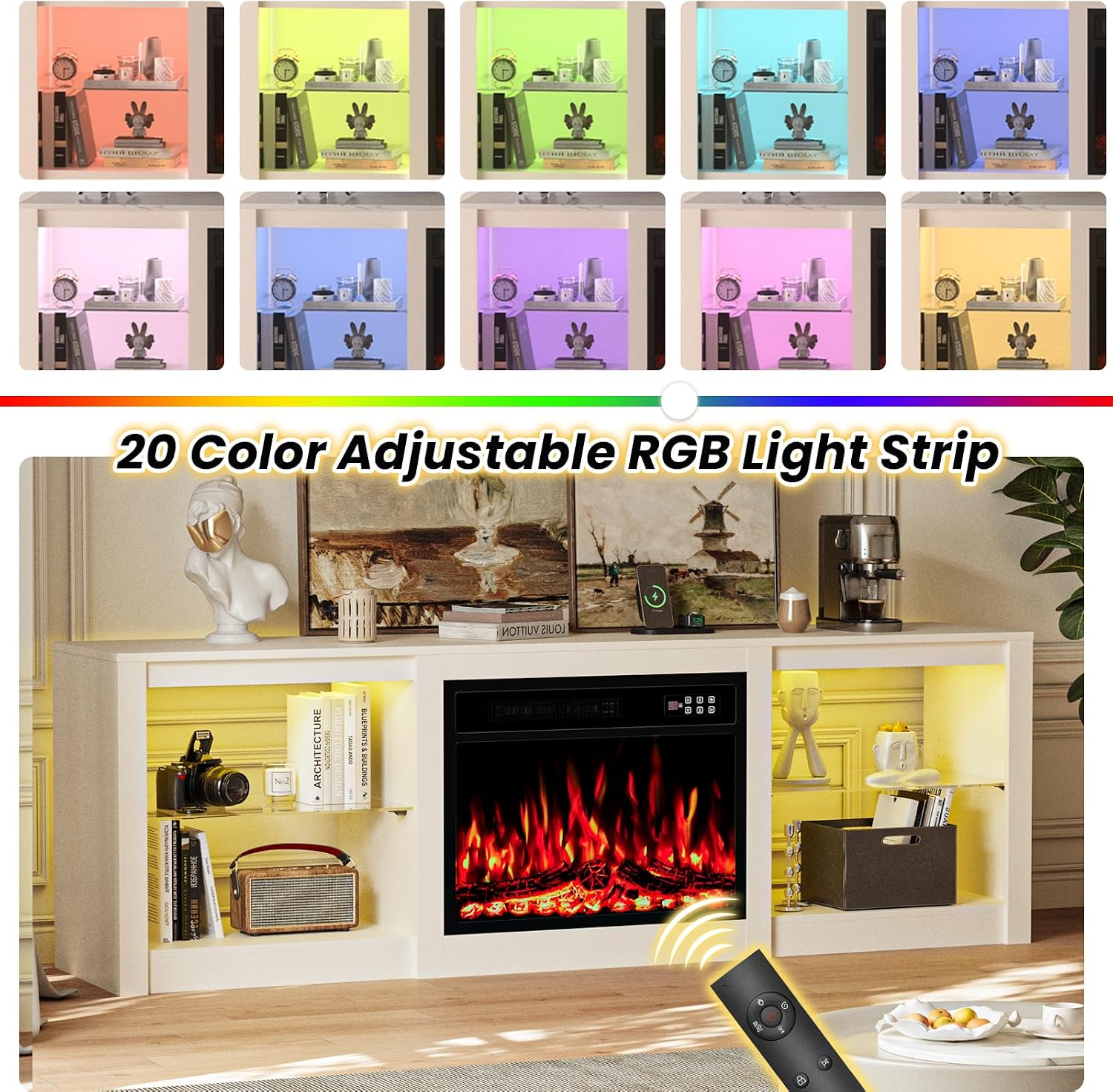 EAG 70 Inche Fireplace TV Stand for TVs up to 80 Inches with 23' Electric Fireplace, Modern Entertainment Center with Glass Shelves, LED Lights, Media TV Console for Living Room, White