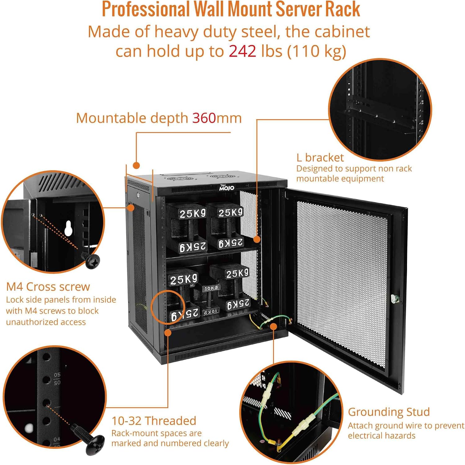 Tecmojo 15U Wall Mount Rack,15U Rack 17.7 Inch Depth,Hold Up to 176 Lbs,Enclosed Wall Mount Rack Kit for 19 Inch Network,Server and AV Gear,Mesh Door(Elite Collection)