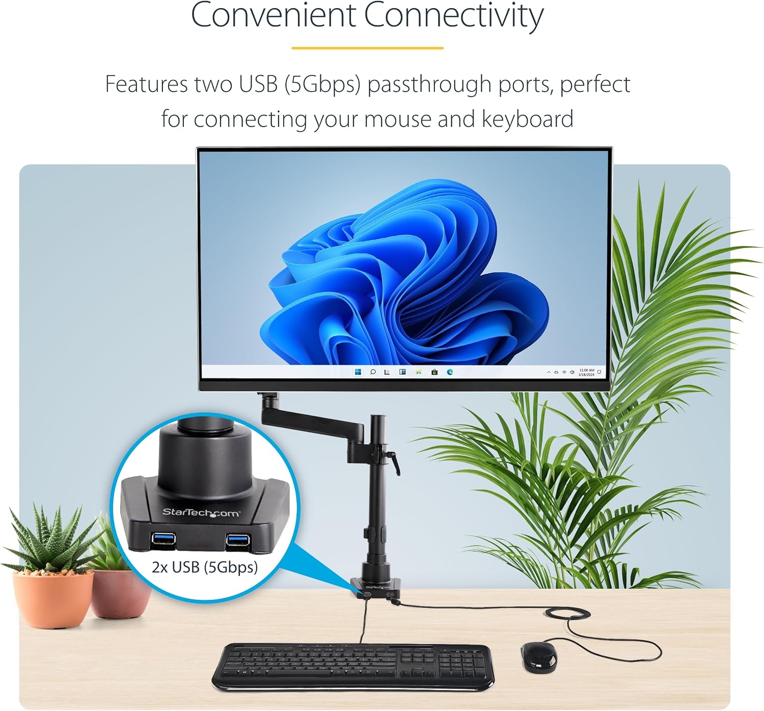 StarTech.com Desk Mount Monitor Arm w/ 2X USB 3.0 Ports for VESA Display up to 34' (17.6lb/8kg), C-Clamp/Grommet, Mechanical Spring