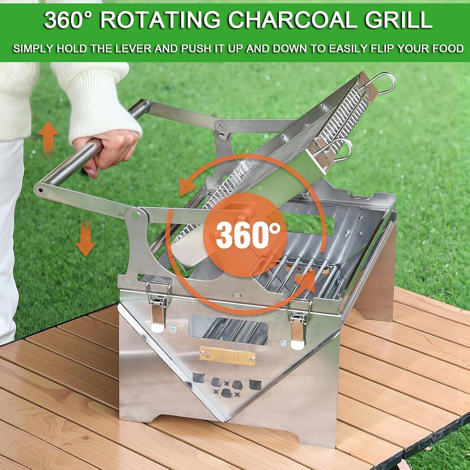 Rotating Charcoal Grill,Stainless Steel Flipping Barbecue Grills,Portable Camping Charcoal BBQ Grill for Outdoor Picnic Yard Party