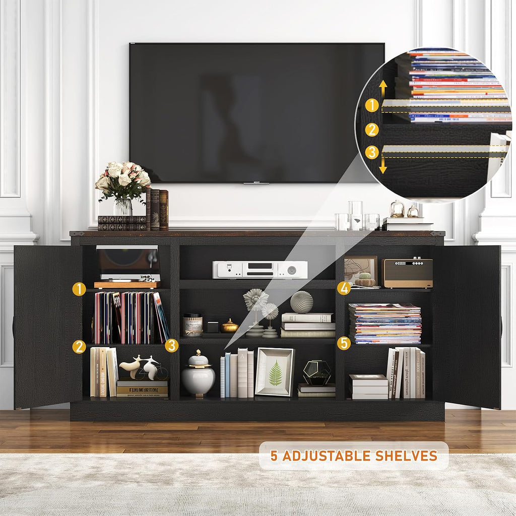 Hlivelood 66' Farmhouse TV Stand with Power Outlets for 75 Inch TVs, 33' Tall Entertainment Center with Storage Cabinets w/Adjustable Shelves, Rustic Large TV Media Console for Living Room, Black