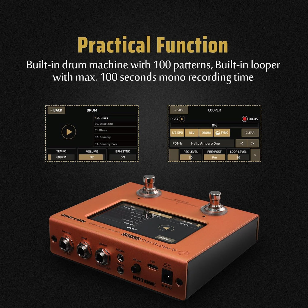 HOTONE Multi Effects Processor Pedal Guitar Bass Amp Modeling IR Cabinets Simulation Multi LanguageStereo OTG USB Audio Interface Ampero Mini MP-50 (Include 10 PCS Additional Footswitch Toppers)