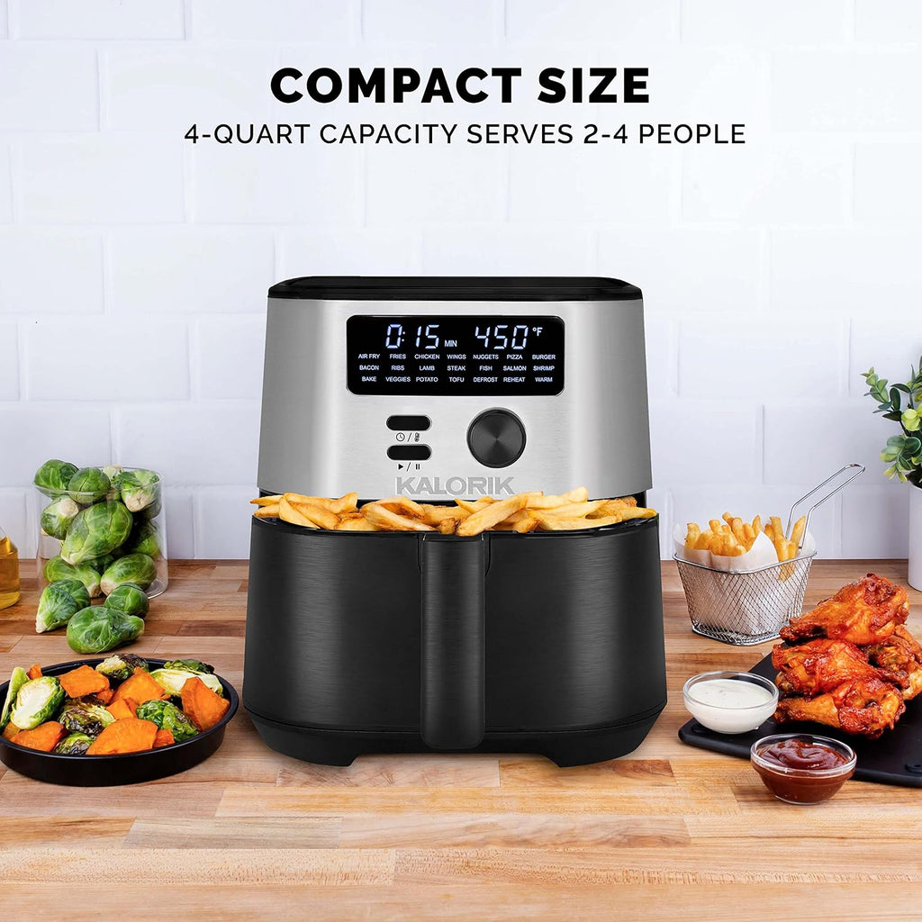 Kalorik MAXX® Digital 4-Quart 7-in-1 Air Fryer, LED Display, 21 Smart Presets, 4 Accessories, Recipe Book, 1600W, Stainless Steel, FT 50929 OW
