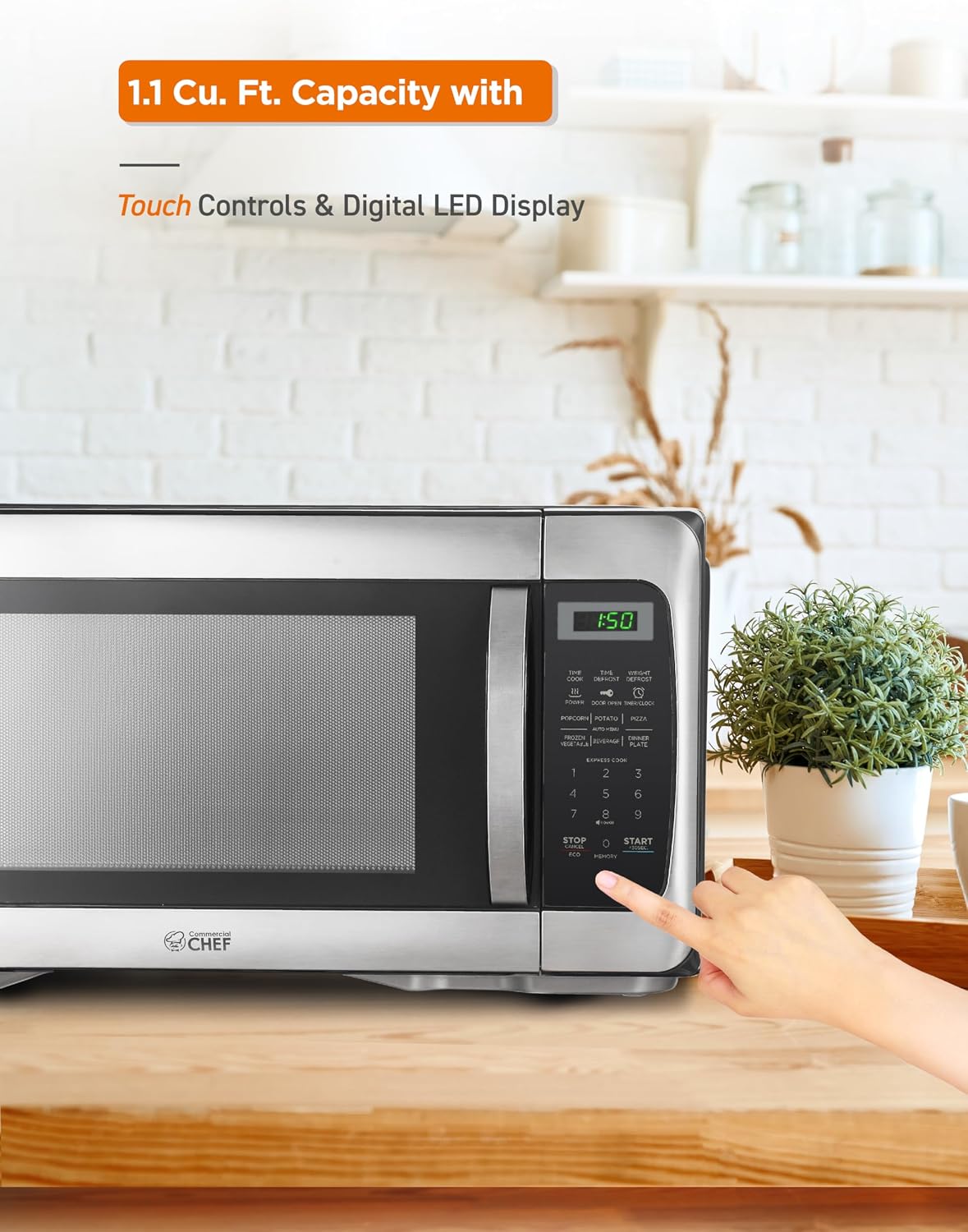 COMMERCIAL CHEF 1.1 Cu Ft Microwave with 10 Power Levels, Microwave 1000W with Push Button Door Lock, Countertop Microwave with Turntable and Digital Controls, Stainless Steel