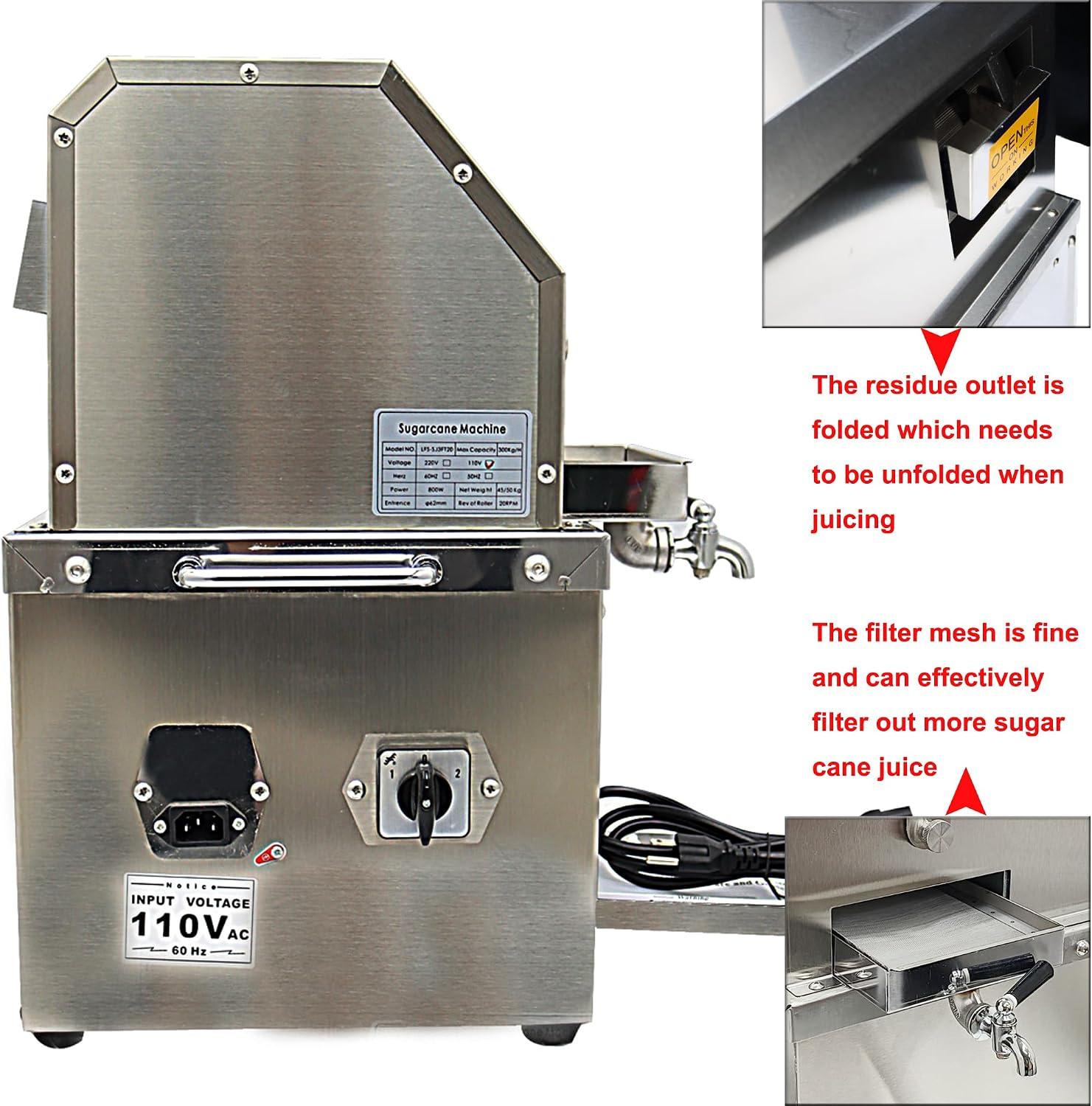 Sugarcane Juicer Electric Sugarcane Press Desktop Sugarcane Ginger Sorghum Stalk Press Sugarcane Juice Extractor 3 Stainless Steel Rollers Juice Press Machine 300Kg/H with 2 Knives 110V