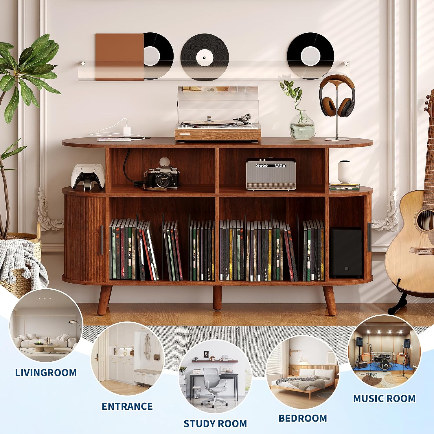 Garvee 55'' Fluted Mid Century Modern Turntable Cabinet with Vinyl Storage, Large Round Record Player Stand with Charging Station and Display Shelf, Arched Wood Record Player Table for Living Room