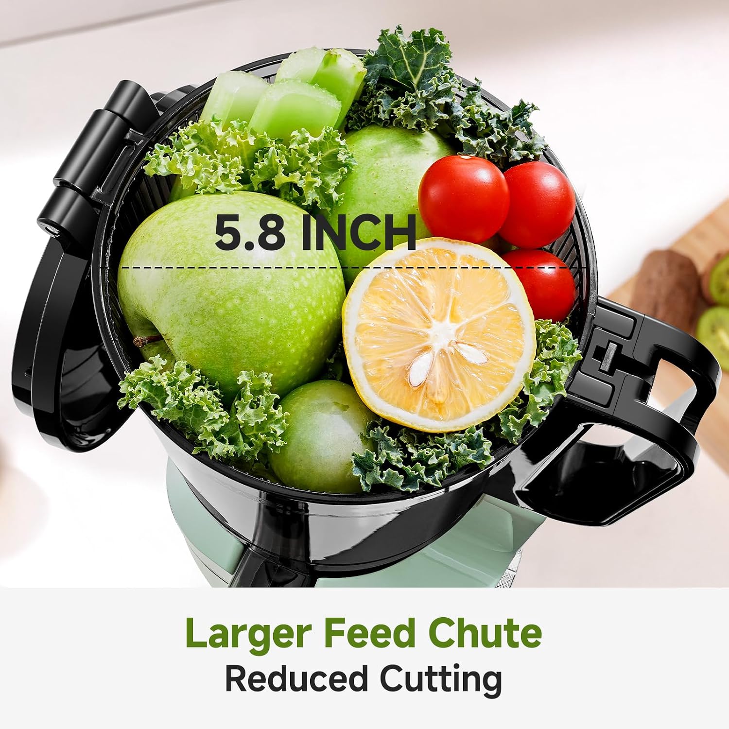 AMZCHEF Cold Press Juicer – 5.8' Wide Mouth Hopper for Whole Recipe Loading, Self Feeding for Hands-Free Operation, Zero Waste Masticating Juicer For More Juice, Less Pulp – Triple Strainers