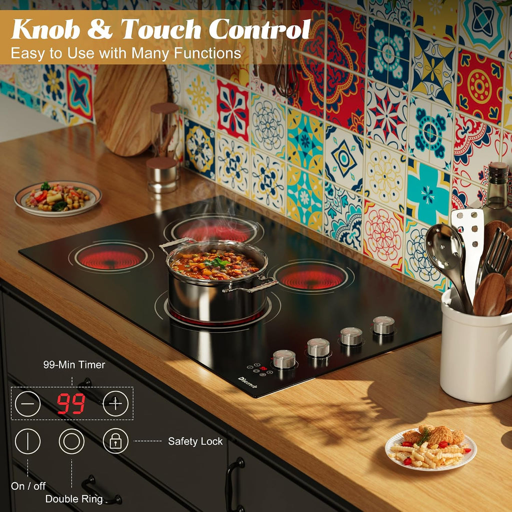 30 Inch Electric Cooktop 4 Burner - Built-in(29.13'x19.3') Ceramic Stove 6700W, 30' Radiant Electric Cook Top with Timer, Safety Lock, Pause, Dual Ring, 220V - 240V Hard Wired(Silver Knob)