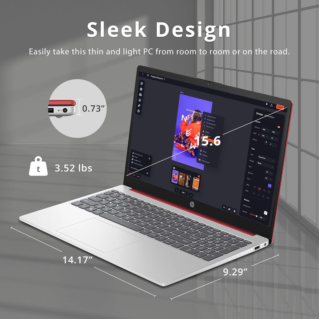 HP 15.6' HD Anti-Glare Everyday Laptop, Intel N200 Pentium Processor, 16GB DDR4 RAM, 128GB PCIe SSD, 1 Year Office 365, Intel UHD Graphics, Wi-Fi 6, Windows 11, Scarlet Red, 32GB Hotface USB Card