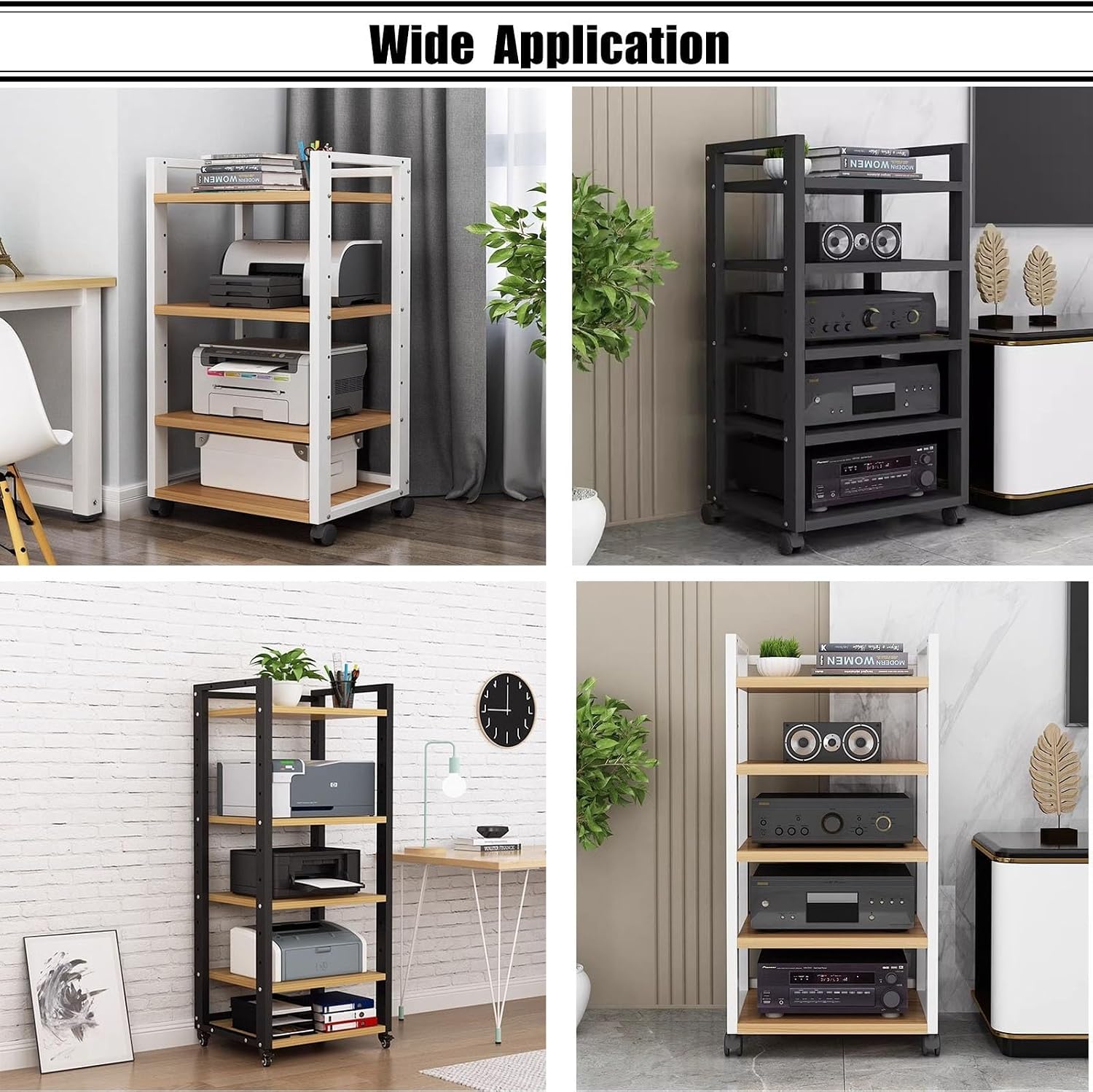 Heavy-Duty Audio Equipment Stand on Wheels, 4-Tier Black Storage Shelf for Home Media Organization, Mobile AV Rack, Durable Media Console for Entertainment Setup