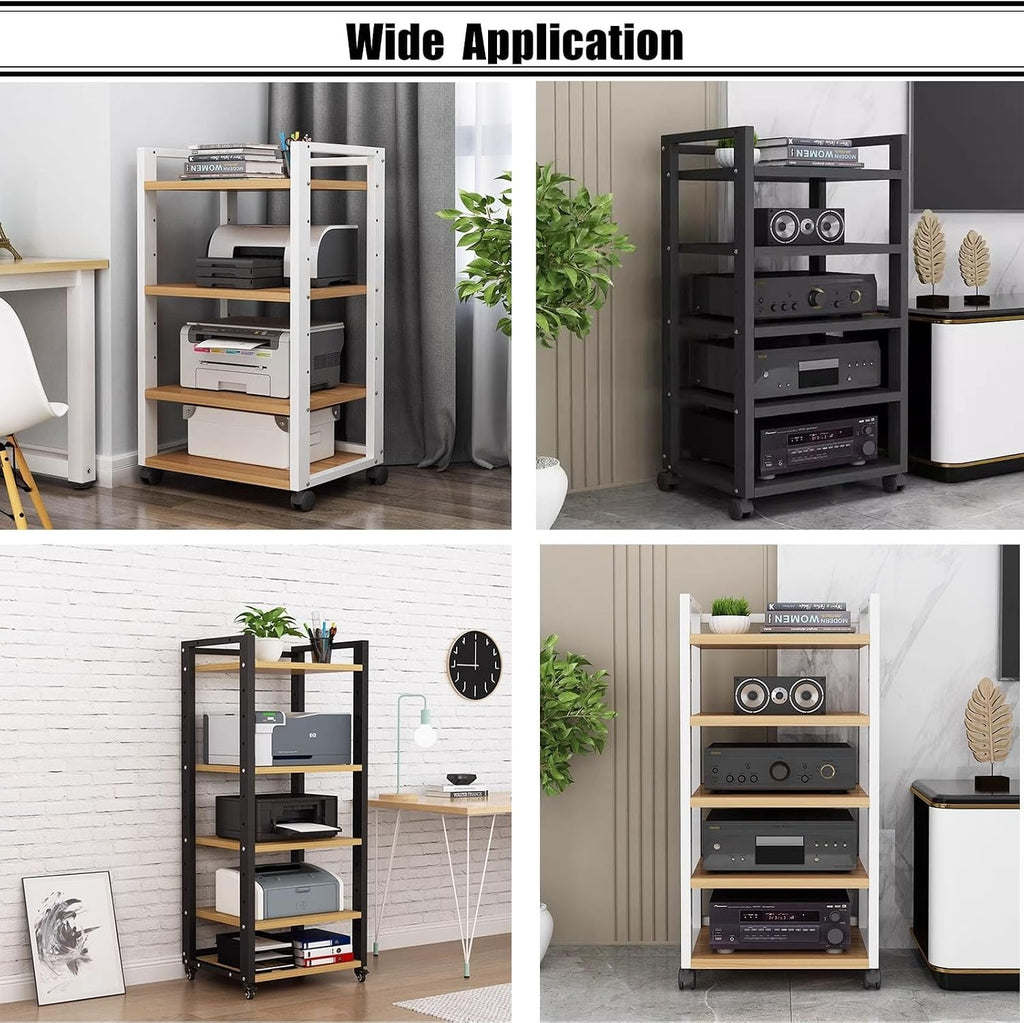 Heavy-Duty 5-Tier Audio Equipment Stand with Wheels, Mobile Media Storage Shelf for Home Theater Organization, Black, Durable and Stylish Design