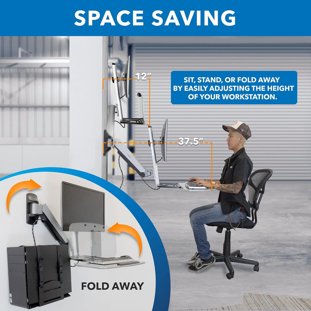Mount-It! Wall Mounted Sit-Stand Single Monitor Workstation with Gas Spring Arm, Keyboard Tray & CPU Holder, 19.9' Height Adjustment, 41' Extension, VESA 75x75 100x100, MI-7905