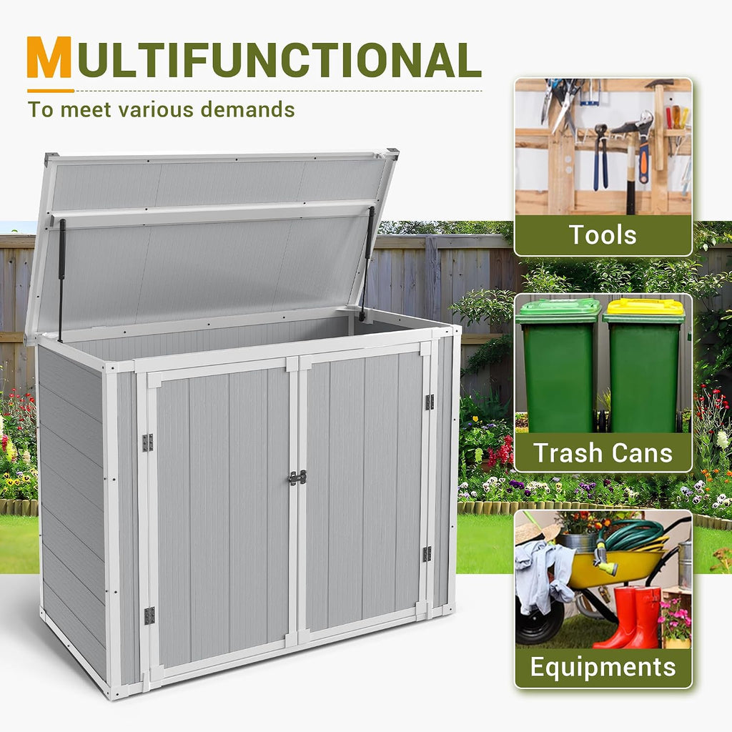UDPATIO 41 Cu.Ft Horizontal Storage Shed Outdoor, Weatherproof Resin Storage Shed with Floor Thickened, Gas Spring, Lockable Doors for Trash Can Storage, Tools, Lawn Mower, for Patio,（Light Grey）