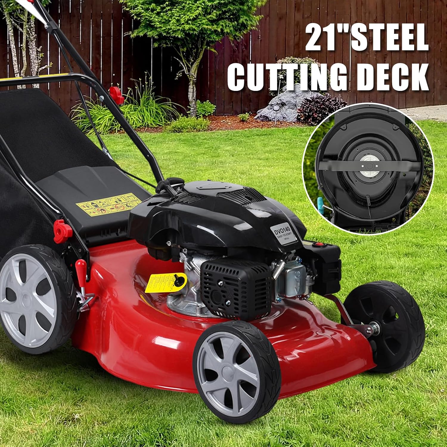 Gas-Powered Self-Propelled Lawn Mower, 141cc Gas Engine with Air Cooling, 21' Steel Deck, 3-in-1 Cutting System, 6-Level Height Adjustment, 1.4-Bushel Grass Catcher Red