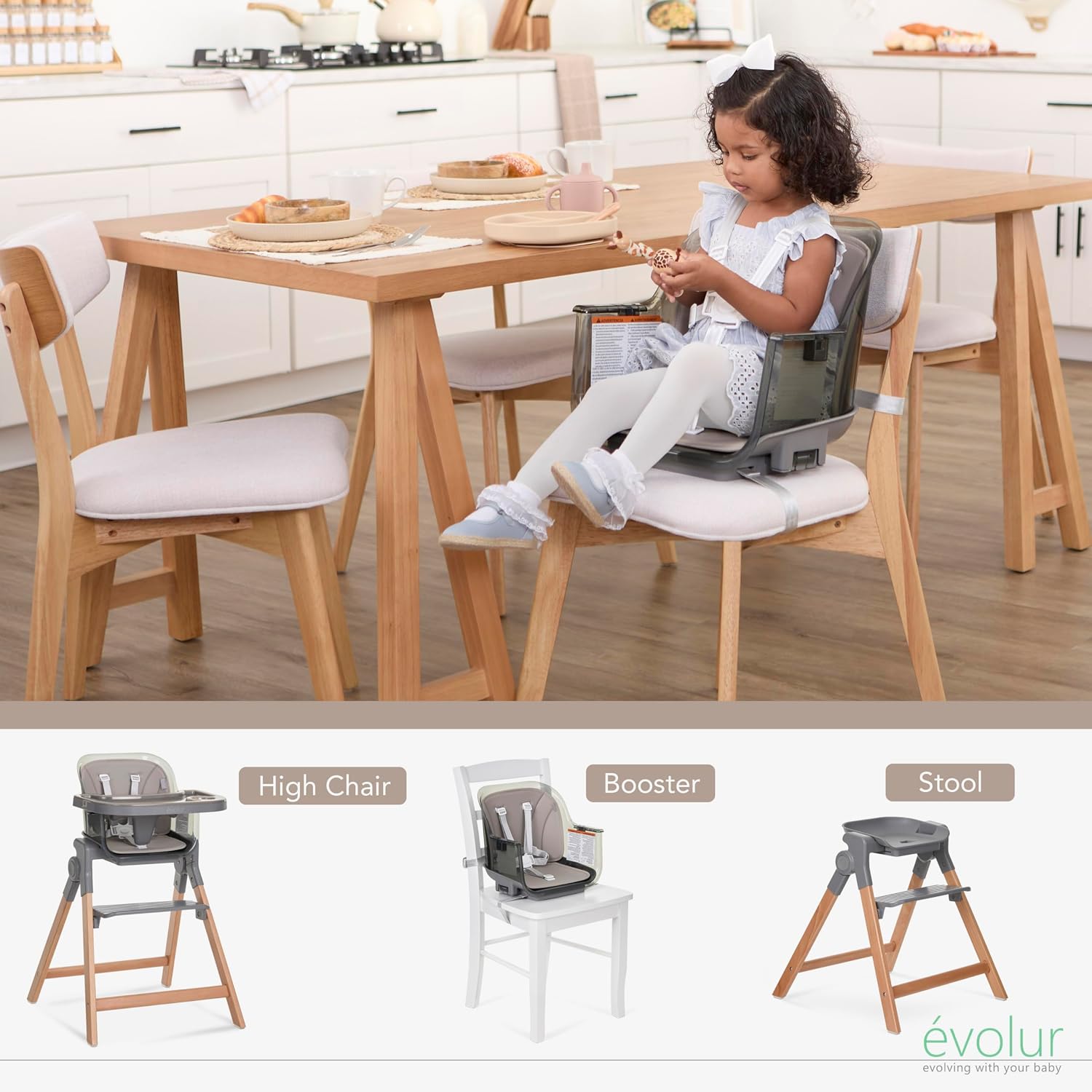 Evolur Tiny Throne 3-in-1 Convertible High Chair, Removable & Dishwasher Safe Tray, Converts to Booster Seat & Adult Stool, Easy-to-Clean Feeding Solution – Fossil Gray